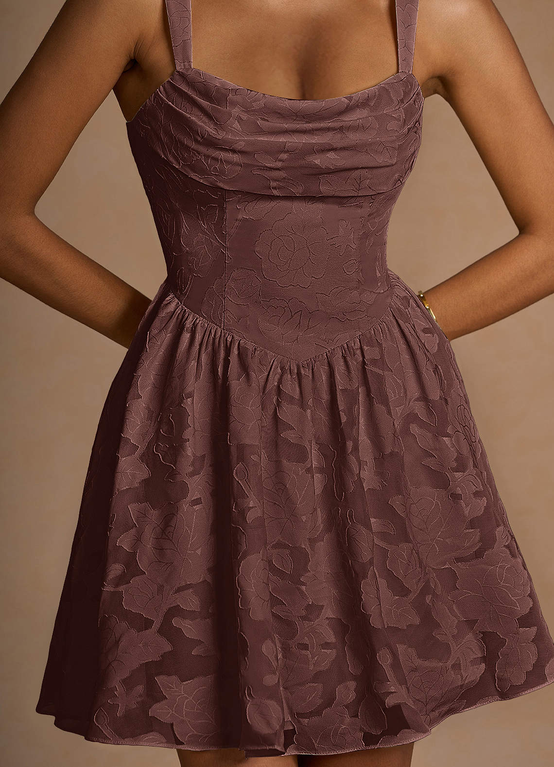 Ivy A-Line Cowl-Neck Floral Burnout Prom Dress in Mocha Coco
