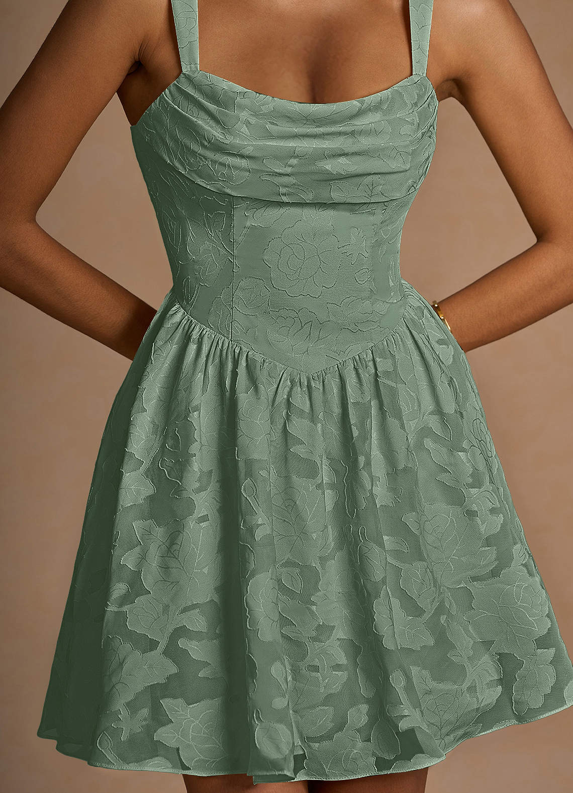 Ivy A-Line Cowl-Neck Floral Burnout Prom Dress in Aloe Green