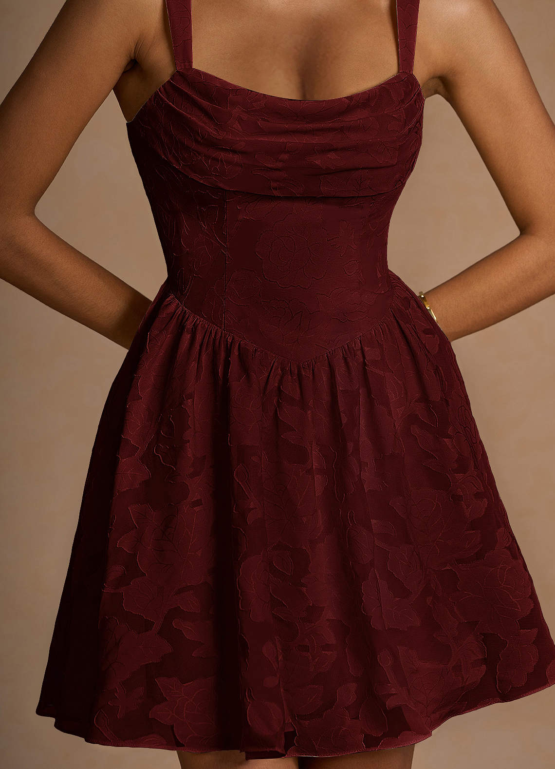 Ivy A-Line Cowl-Neck Floral Burnout Prom Dress in Wine