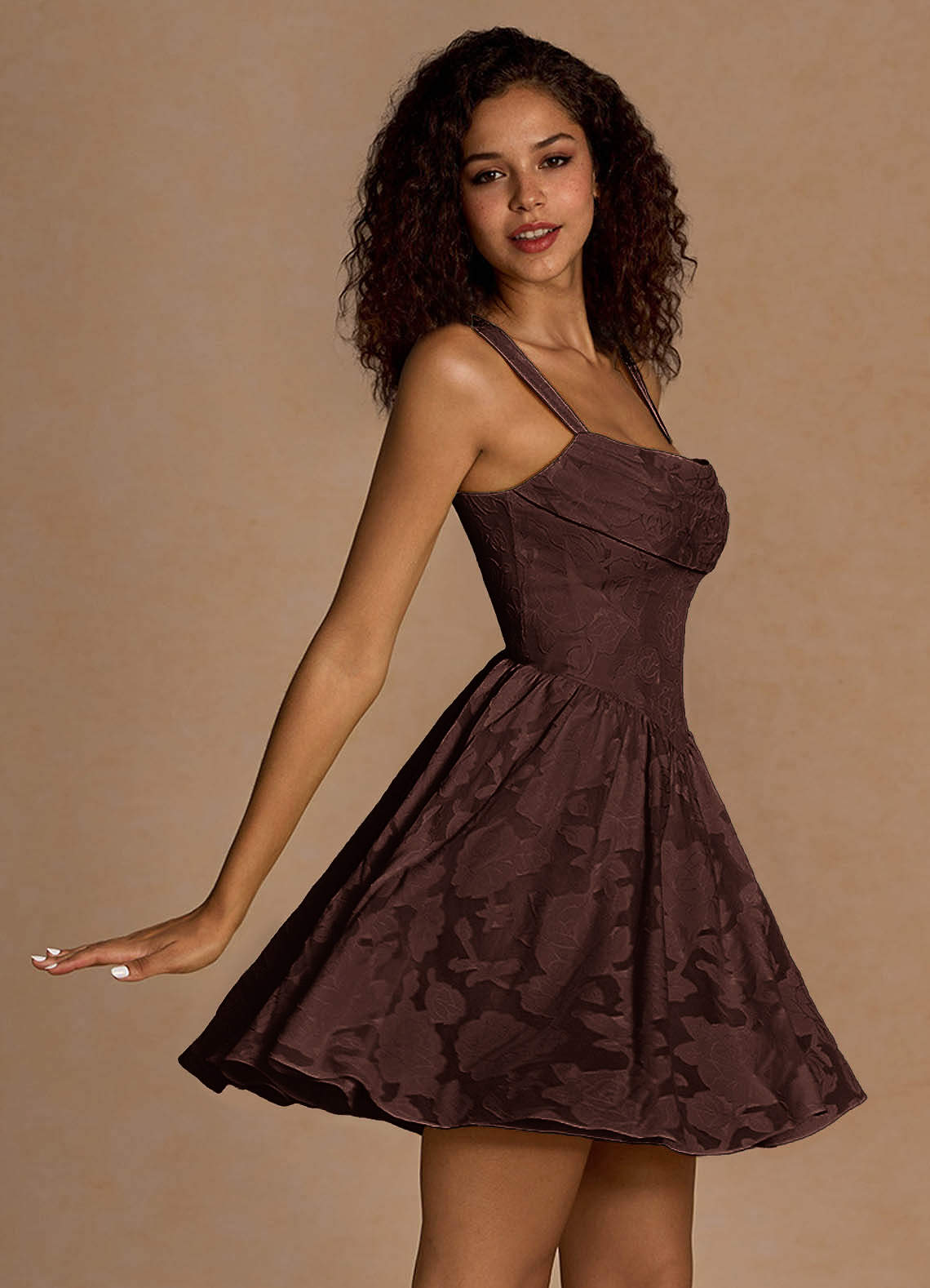 Ivy A-Line Cowl-Neck Floral Burnout Prom Dress in Truffle
