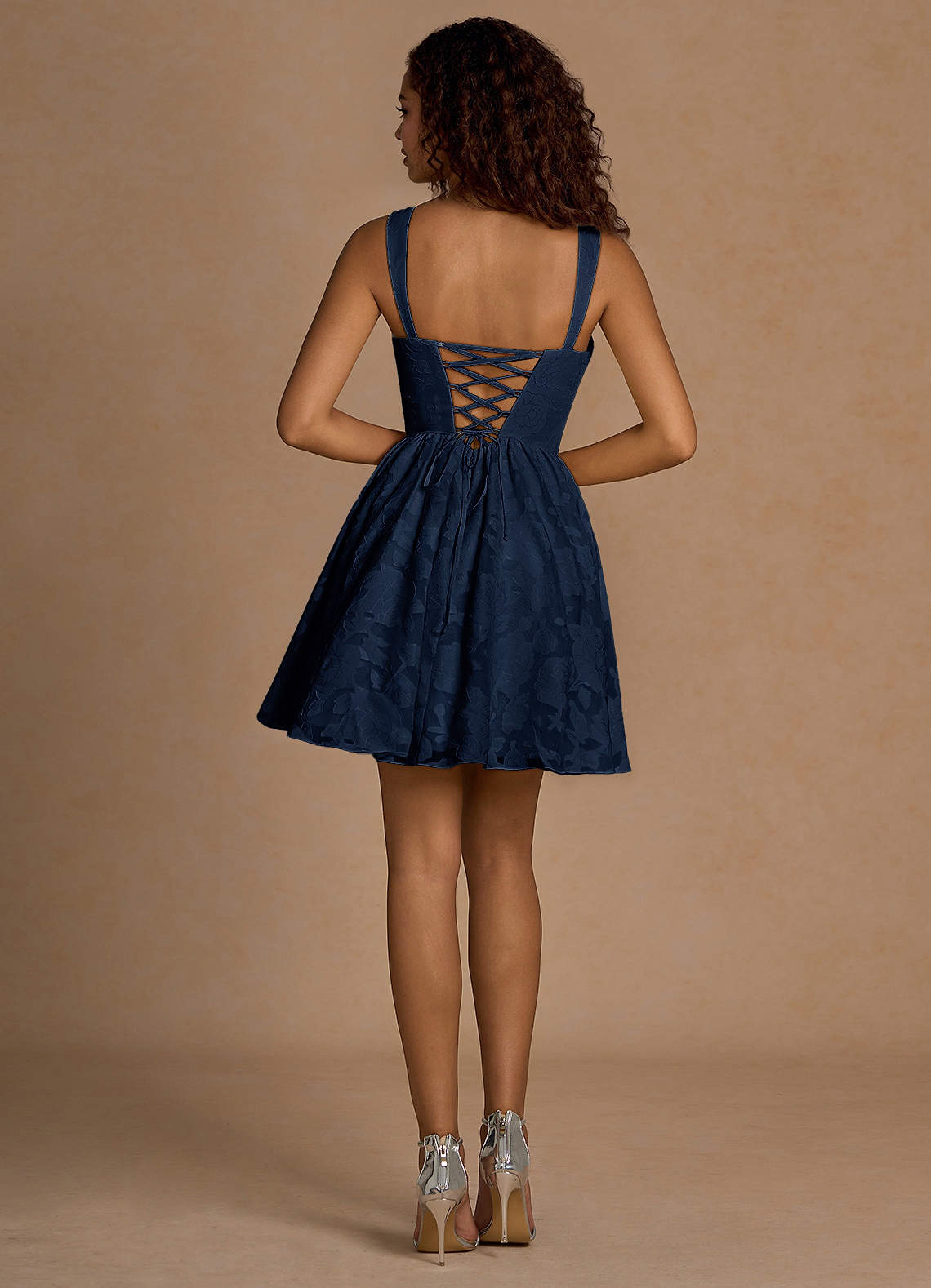 Ivy A-Line Cowl-Neck Floral Burnout Prom Dress in Navy