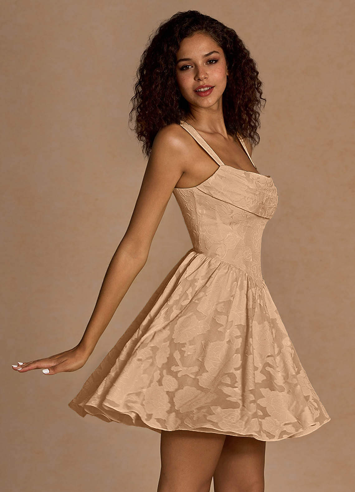 Ivy A-Line Cowl-Neck Floral Burnout Prom Dress in Champagne