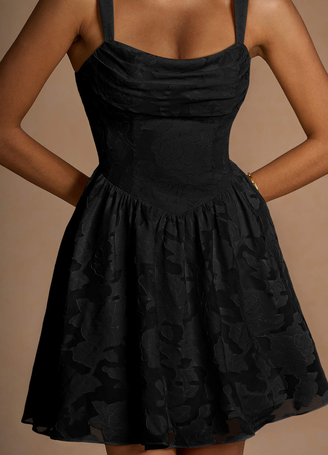 Ivy A-Line Cowl-Neck Floral Burnout Prom Dress in black