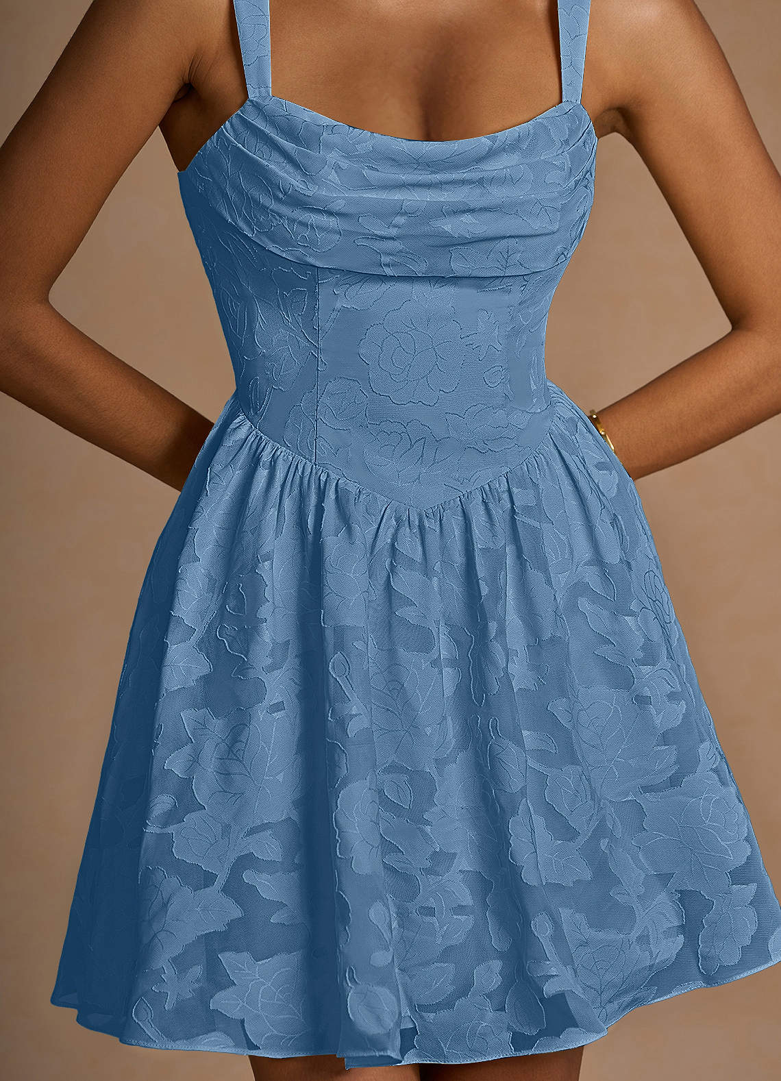 Ivy A-Line Cowl-Neck Floral Burnout Prom Dress in Steel Blue