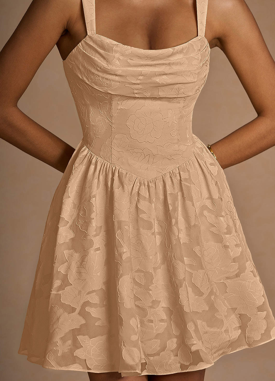 Ivy A-Line Cowl-Neck Floral Burnout Prom Dress in Champagne
