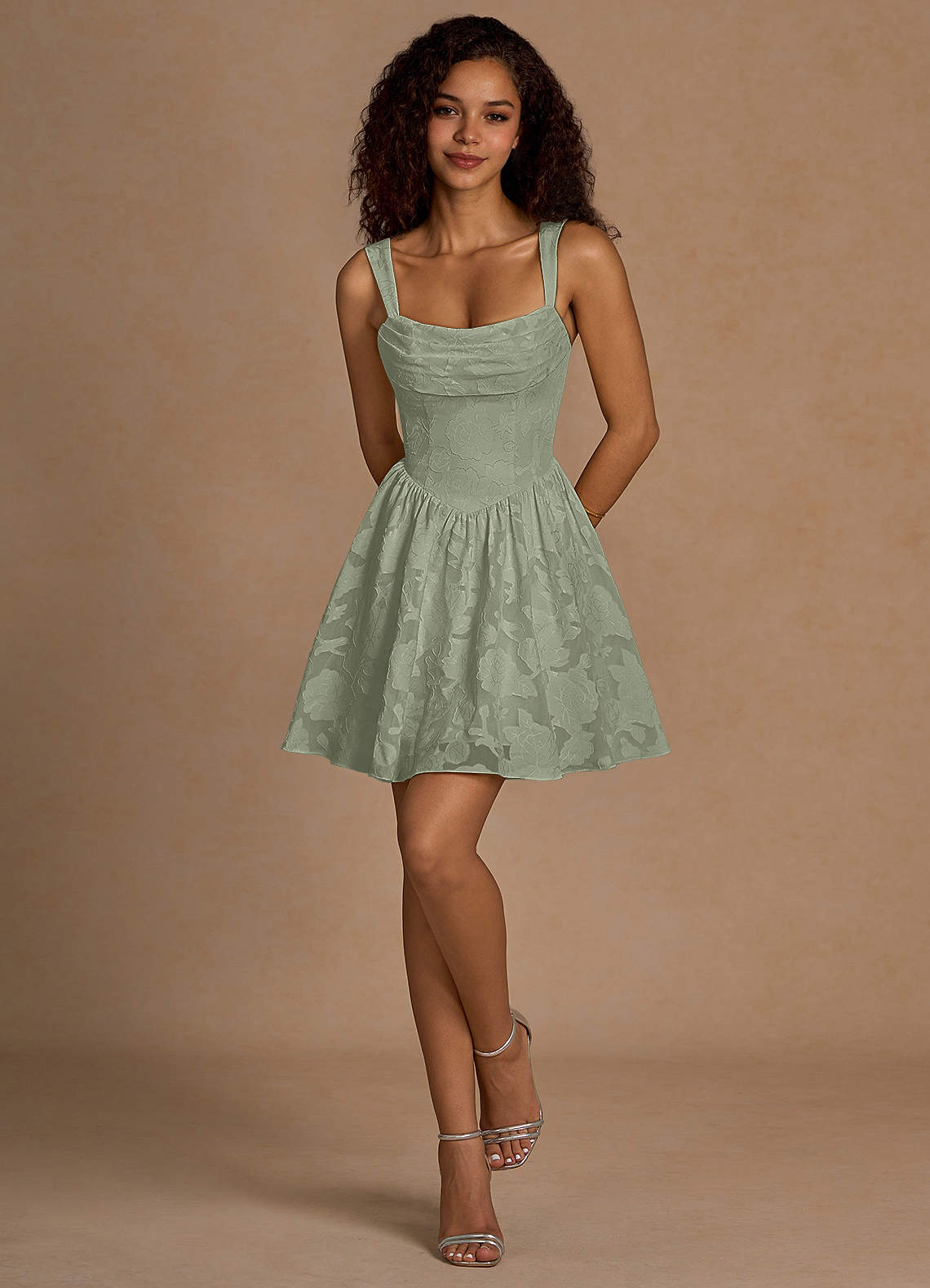 Ivy A-Line Cowl-Neck Floral Burnout Prom Dress in Agave Green