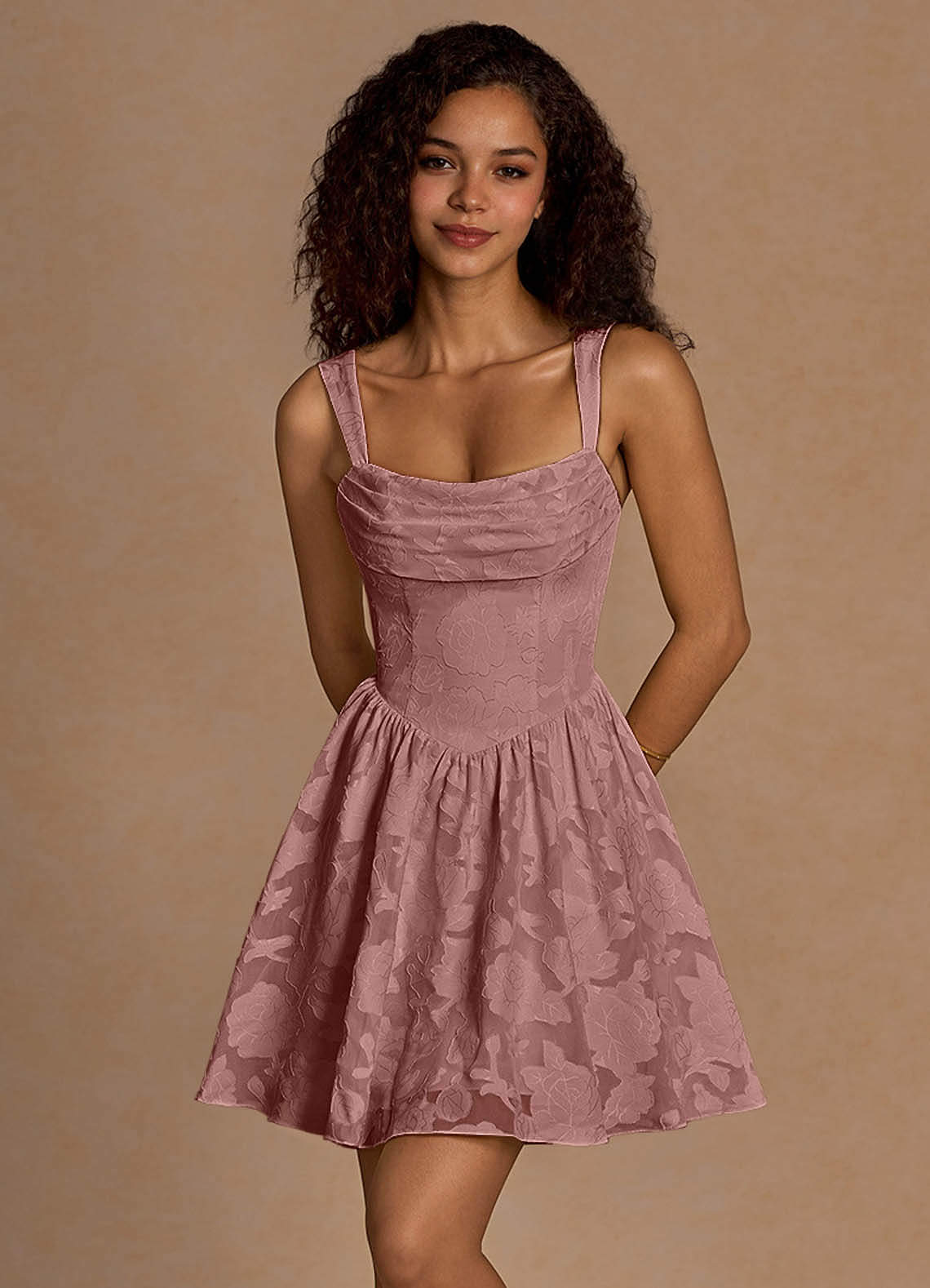 Ivy A-Line Cowl-Neck Floral Burnout Prom Dress in Light Pink