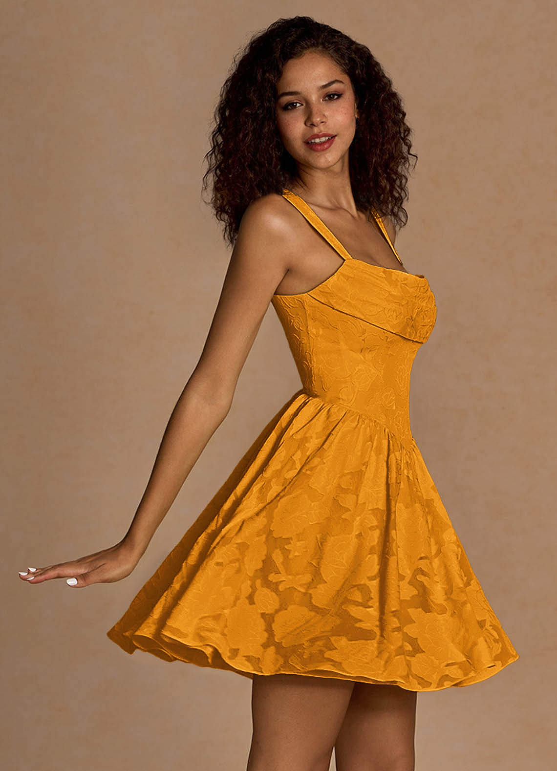 Ivy A-Line Cowl-Neck Floral Burnout Prom Dress in butterscotch