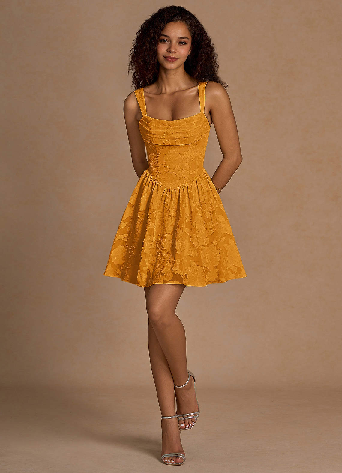 Ivy A-Line Cowl-Neck Floral Burnout Prom Dress in butterscotch