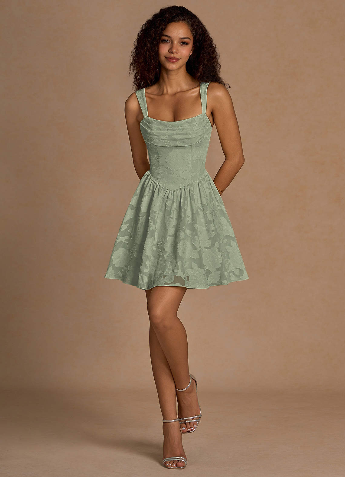 Ivy A-Line Cowl-Neck Floral Burnout Prom Dress in Pistachio