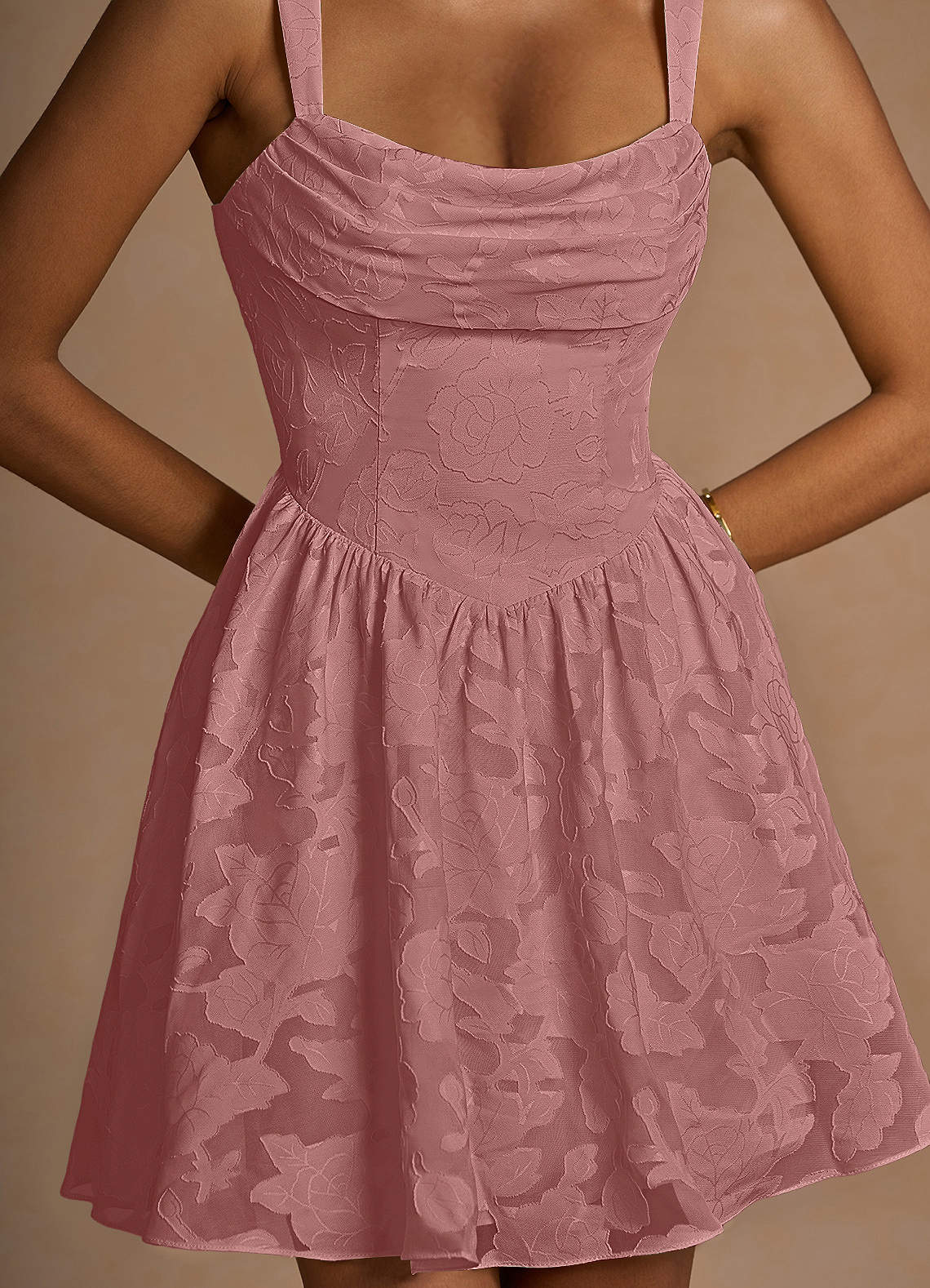 Ivy A-Line Cowl-Neck Floral Burnout Prom Dress in Dusty Pink