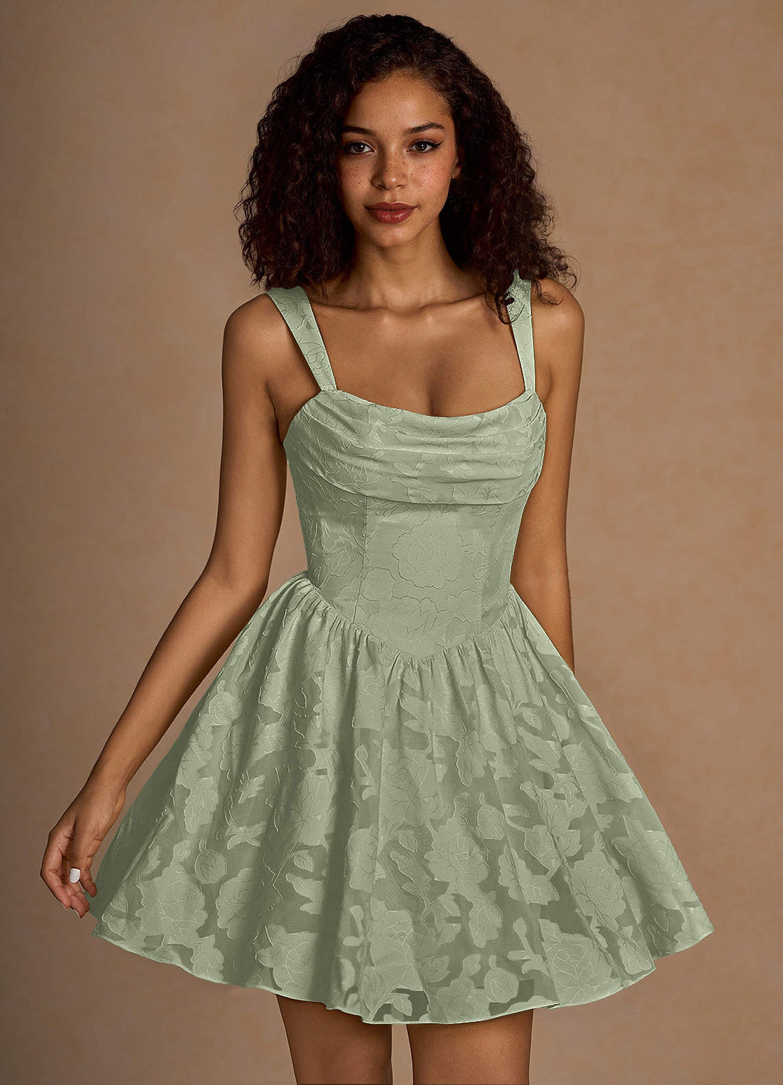 Ivy A-Line Cowl-Neck Floral Burnout Prom Dress in Agave Green