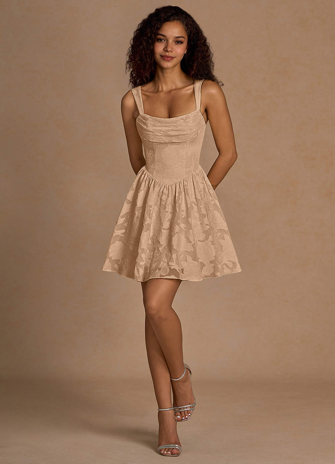 Ivy A-Line Cowl-Neck Floral Burnout Prom Dress in Champagne