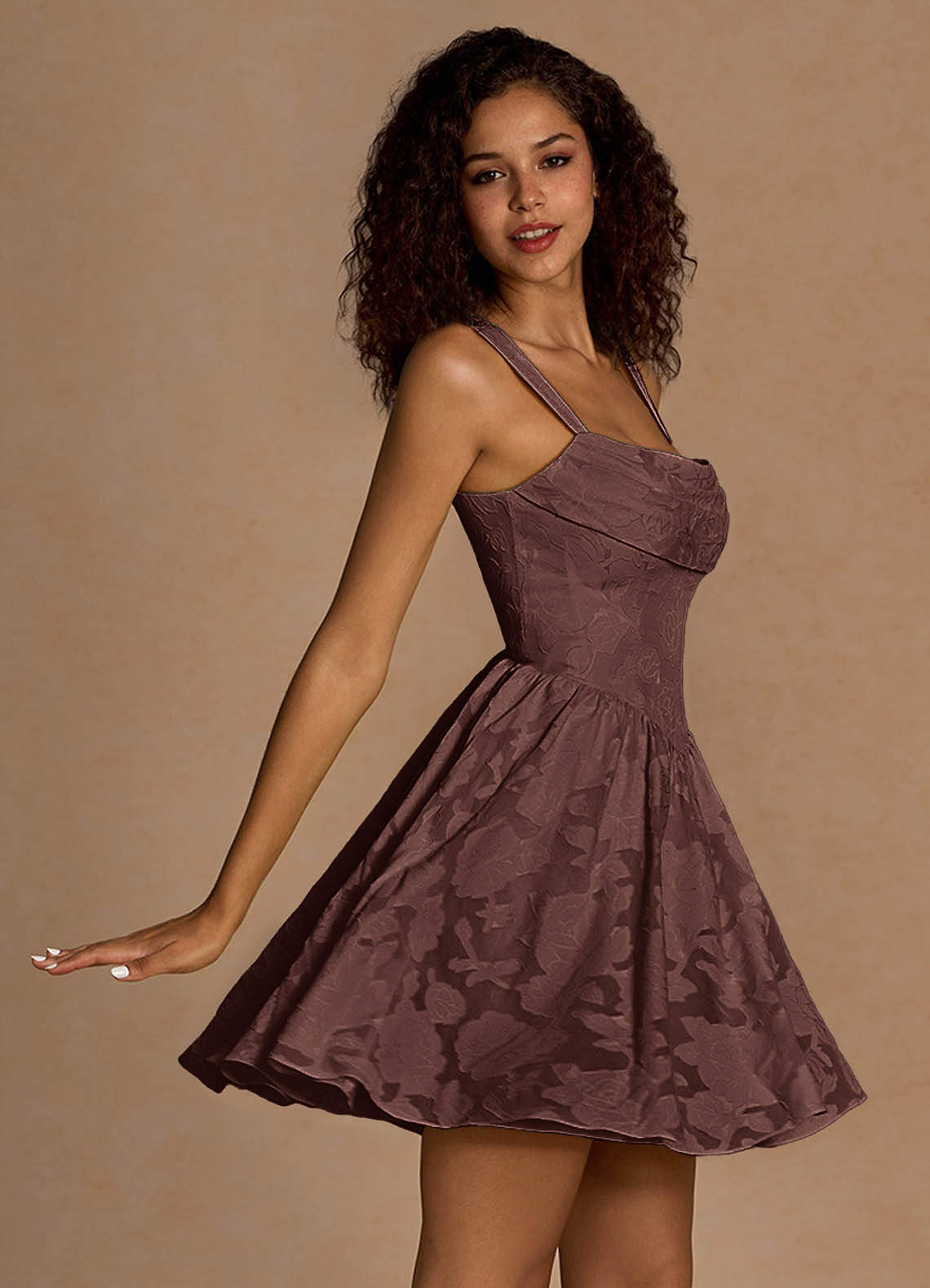 Ivy A-Line Cowl-Neck Floral Burnout Prom Dress in Mocha Coco