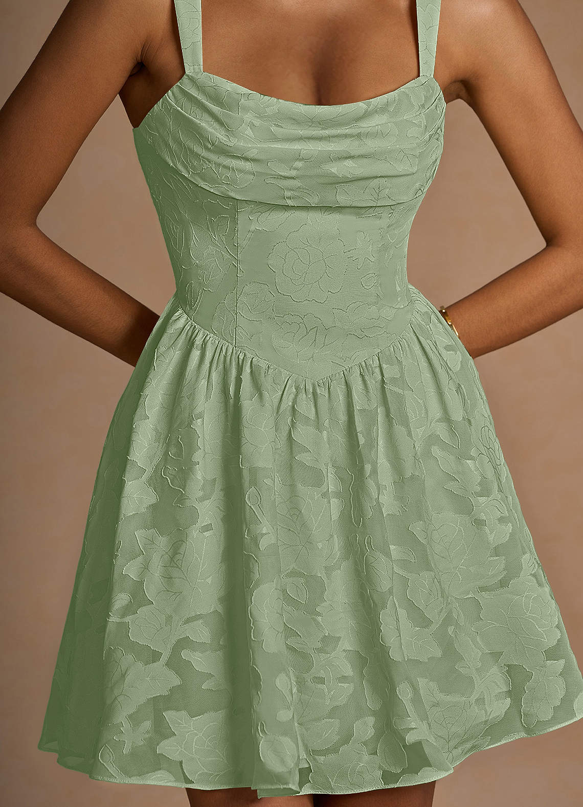 Ivy A-Line Cowl-Neck Floral Burnout Prom Dress in Light Green