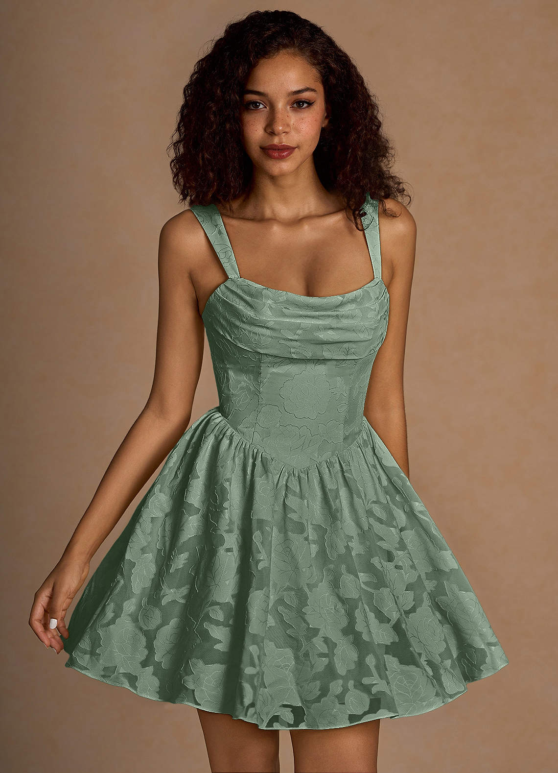 Ivy A-Line Cowl-Neck Floral Burnout Prom Dress in Agave Green