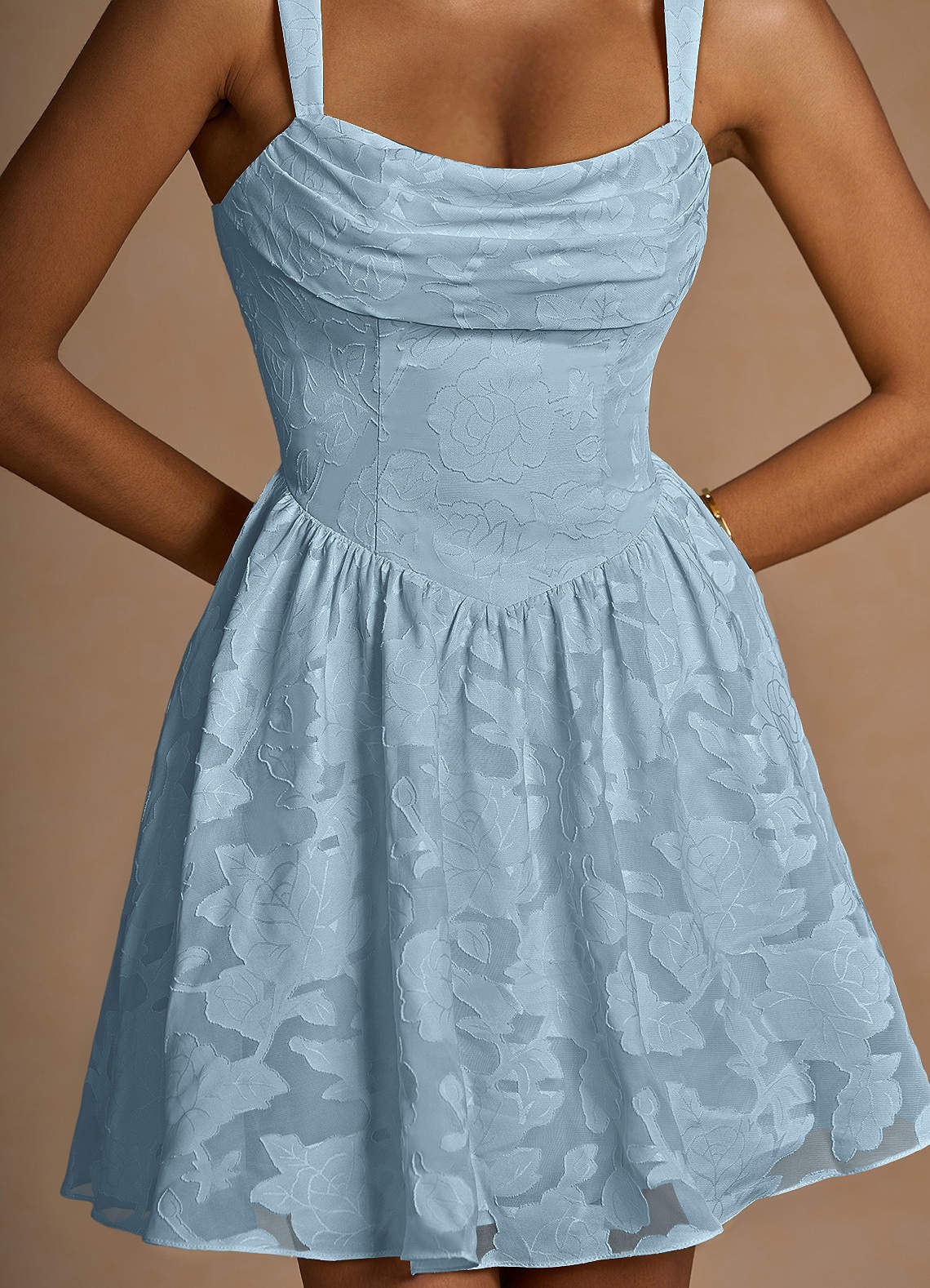 Ivy A-Line Cowl-Neck Floral Burnout Prom Dress in Sky Blue