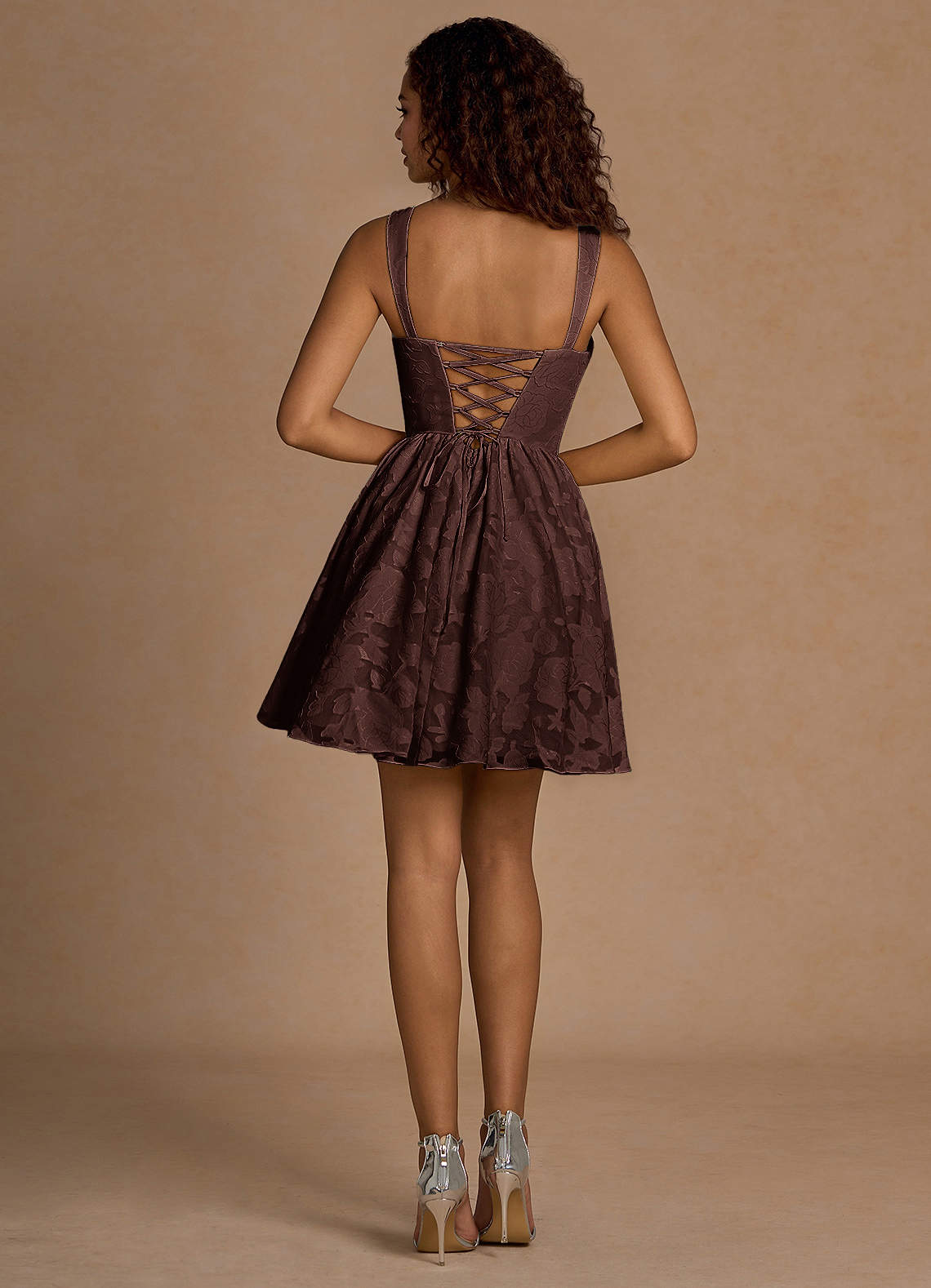 Ivy A-Line Cowl-Neck Floral Burnout Prom Dress in Truffle