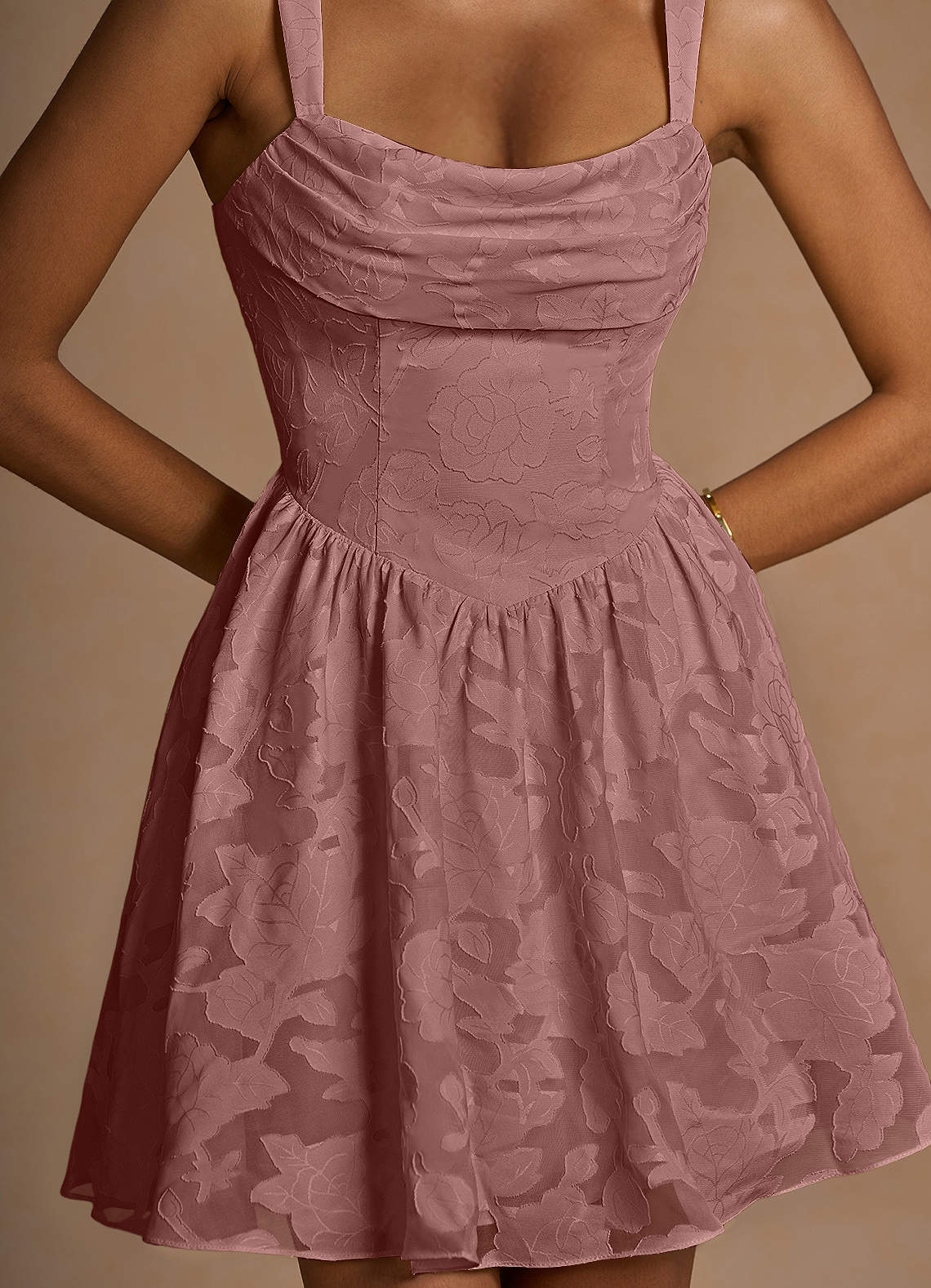 Ivy A-Line Cowl-Neck Floral Burnout Prom Dress in Light Pink