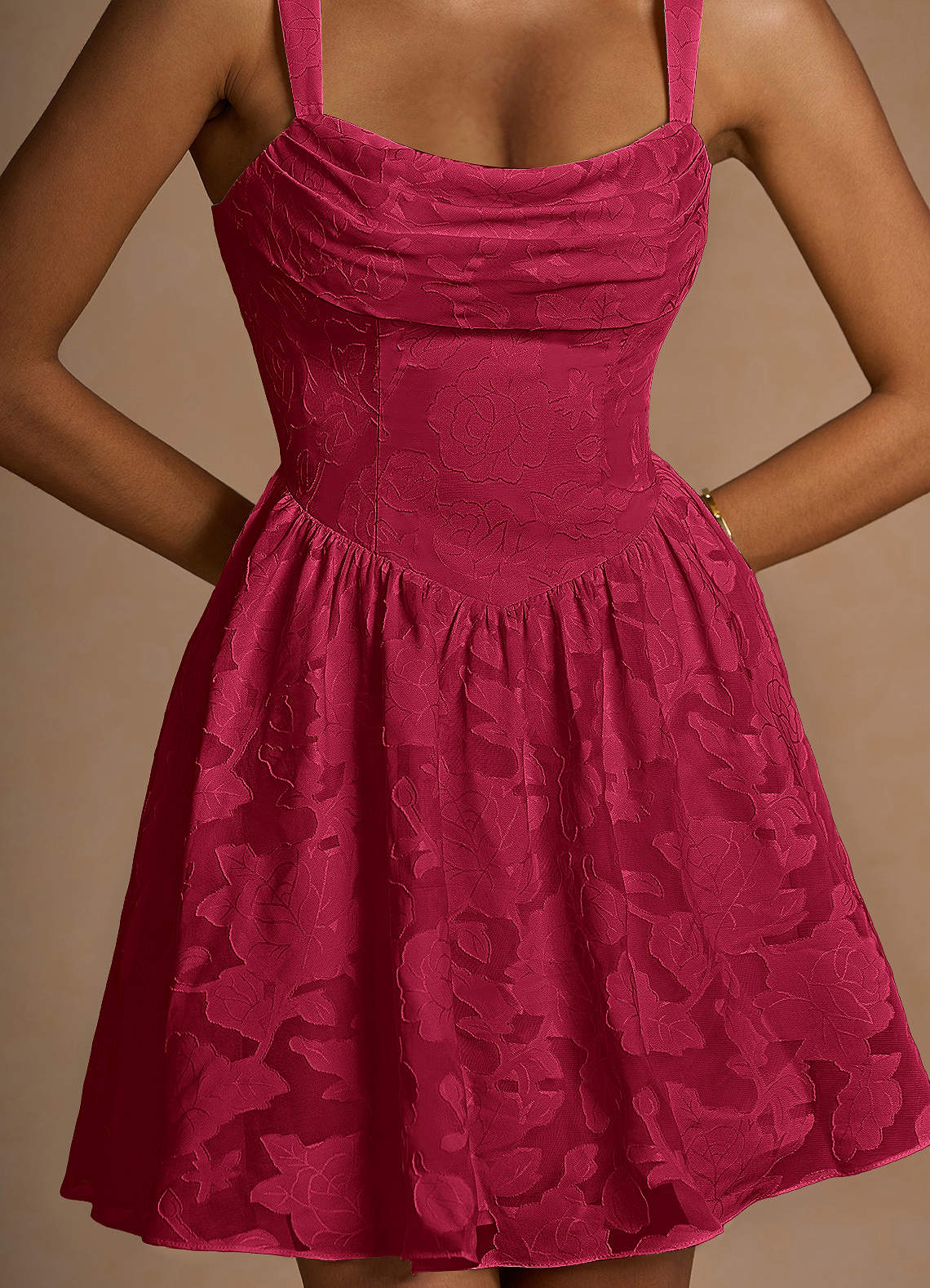 Ivy A-Line Cowl-Neck Floral Burnout Prom Dress in Merlot