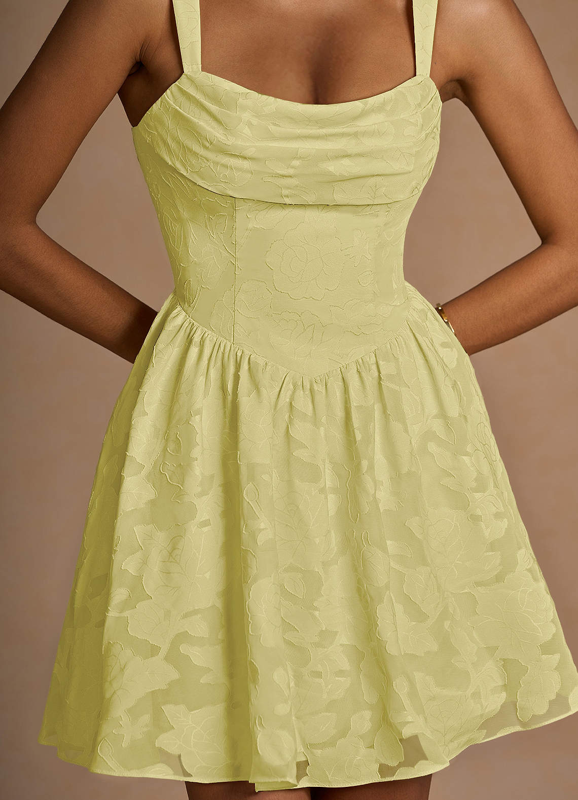 Ivy A-Line Cowl-Neck Floral Burnout Prom Dress in Lemon Sorbet