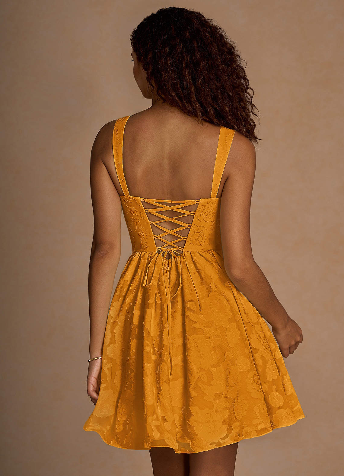 Ivy A-Line Cowl-Neck Floral Burnout Prom Dress in butterscotch