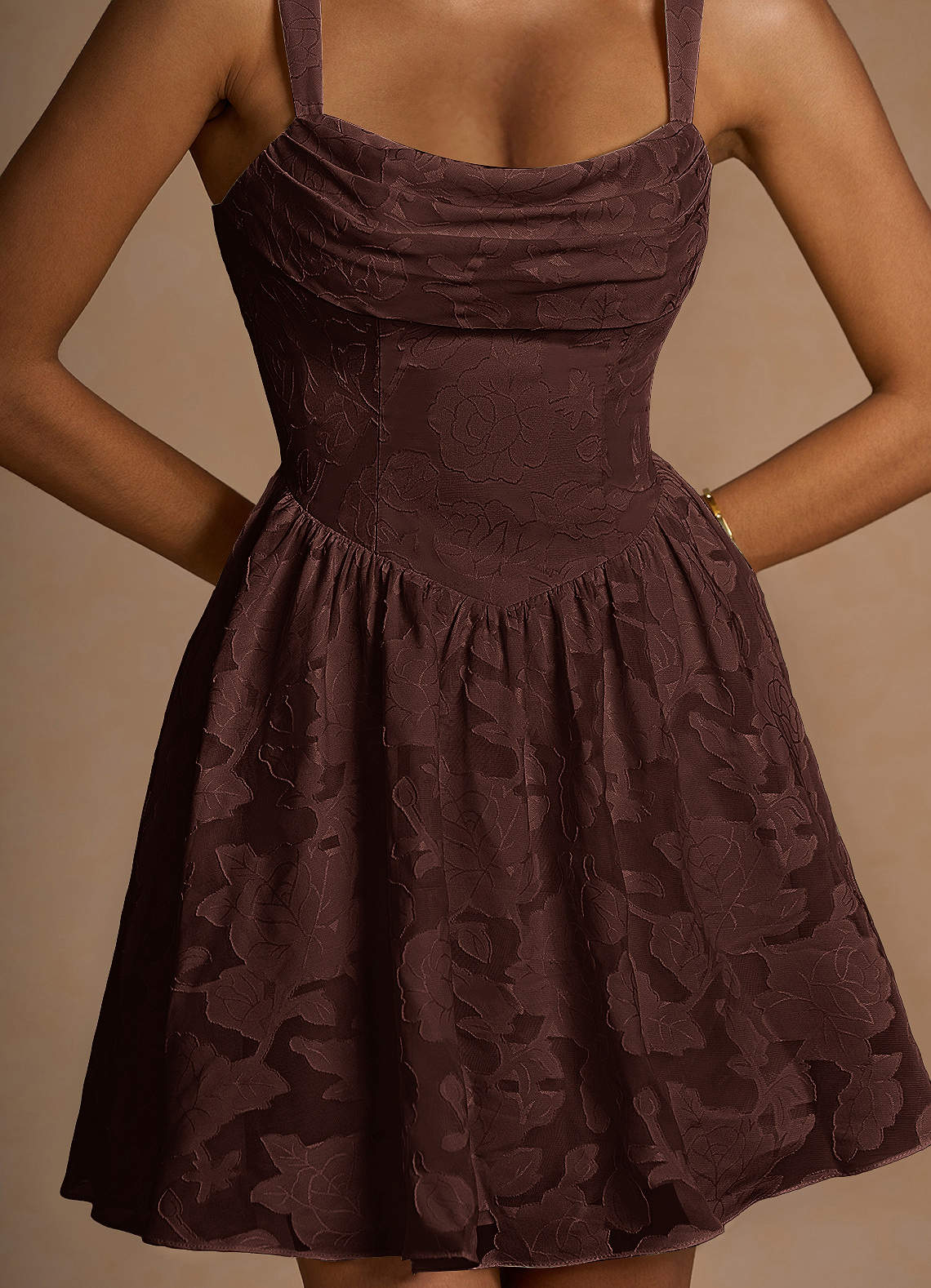 Ivy A-Line Cowl-Neck Floral Burnout Prom Dress in Truffle