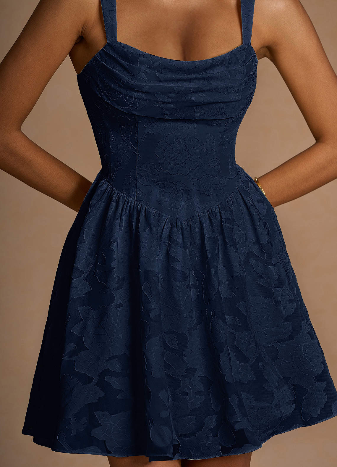 Ivy A-Line Cowl-Neck Floral Burnout Prom Dress in Navy