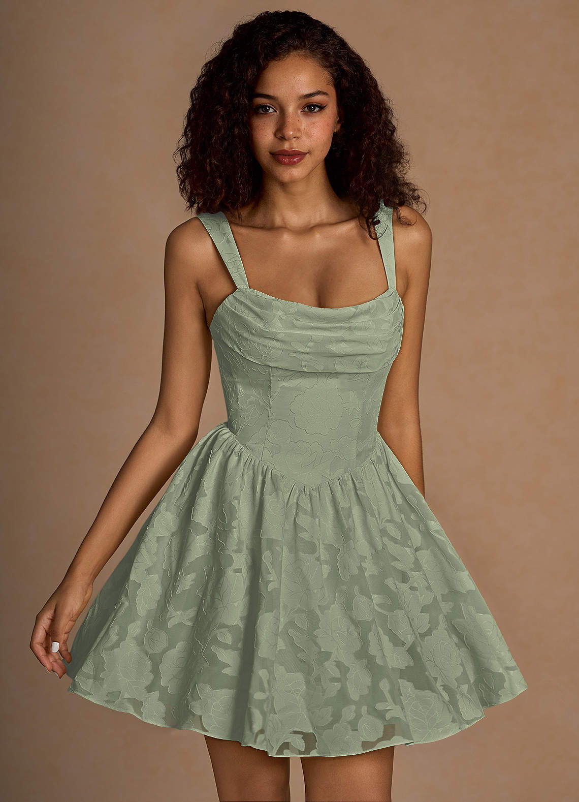 Ivy A-Line Cowl-Neck Floral Burnout Prom Dress in Pistachio