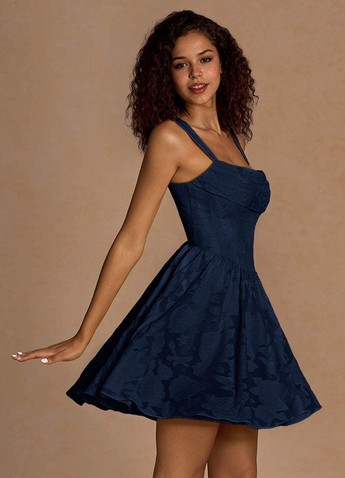 Ivy A-Line Cowl-Neck Floral Burnout Prom Dress in Navy