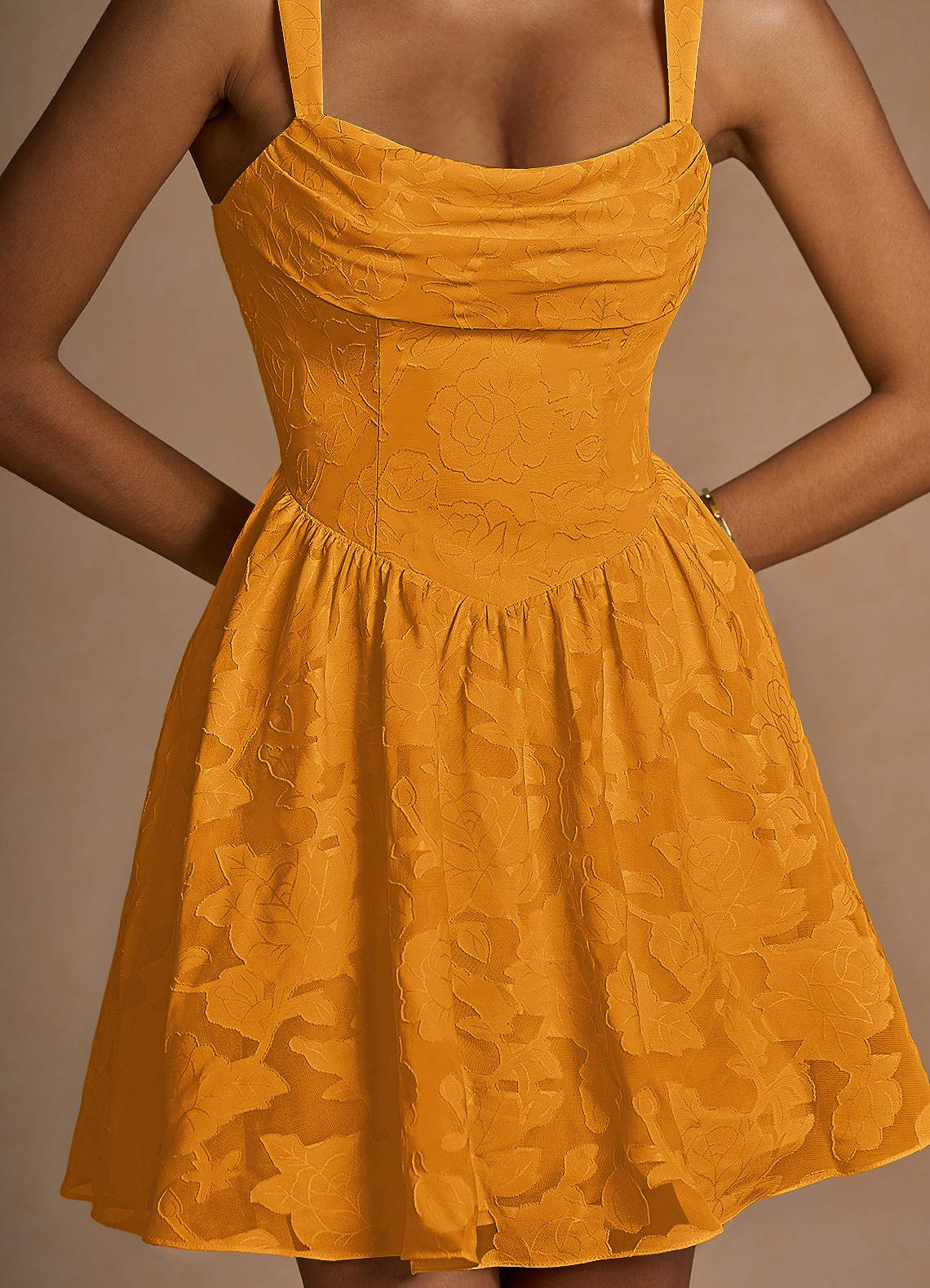 Ivy A-Line Cowl-Neck Floral Burnout Prom Dress in butterscotch