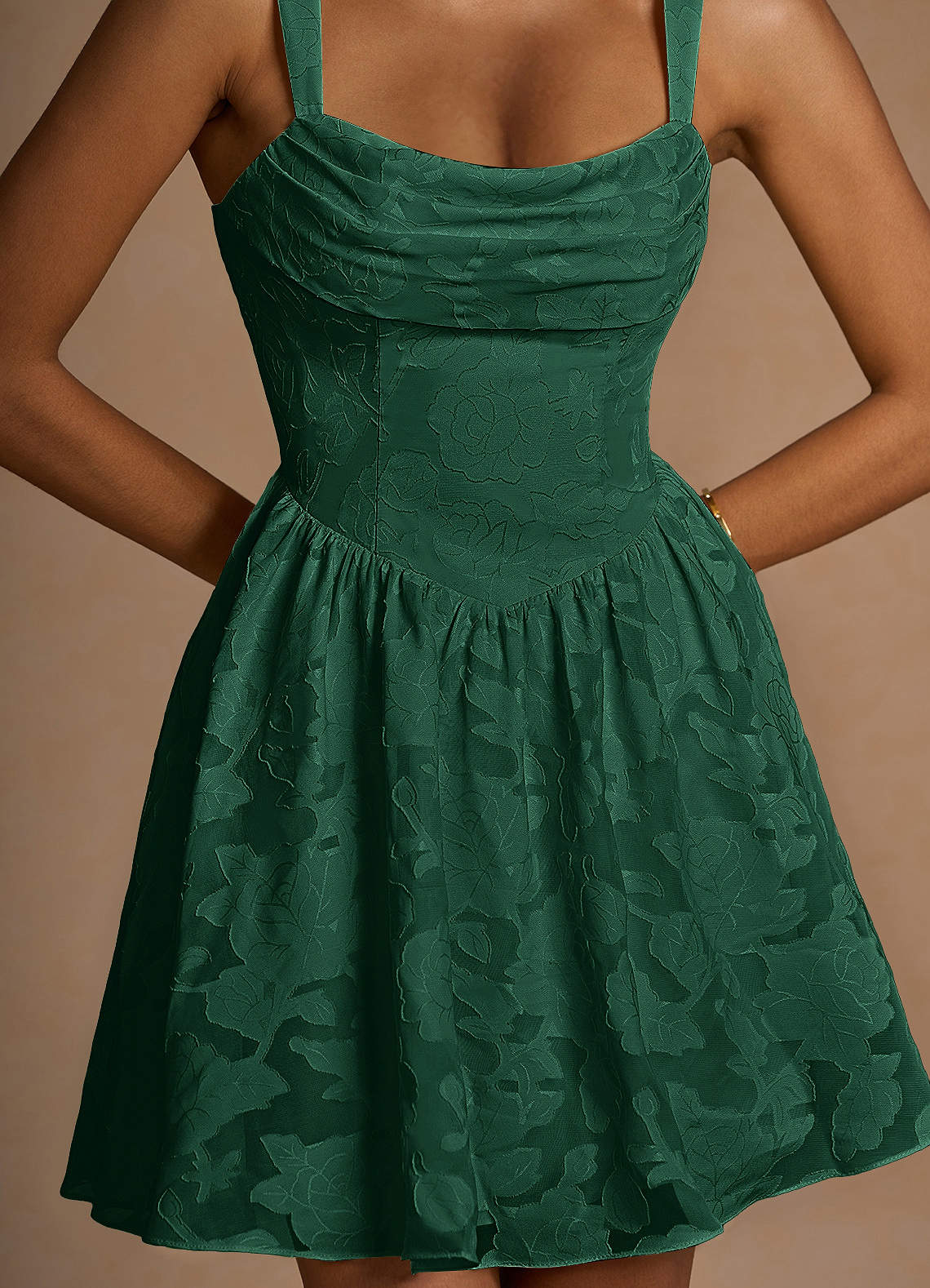 Ivy A-Line Cowl-Neck Floral Burnout Prom Dress in Emerald Green