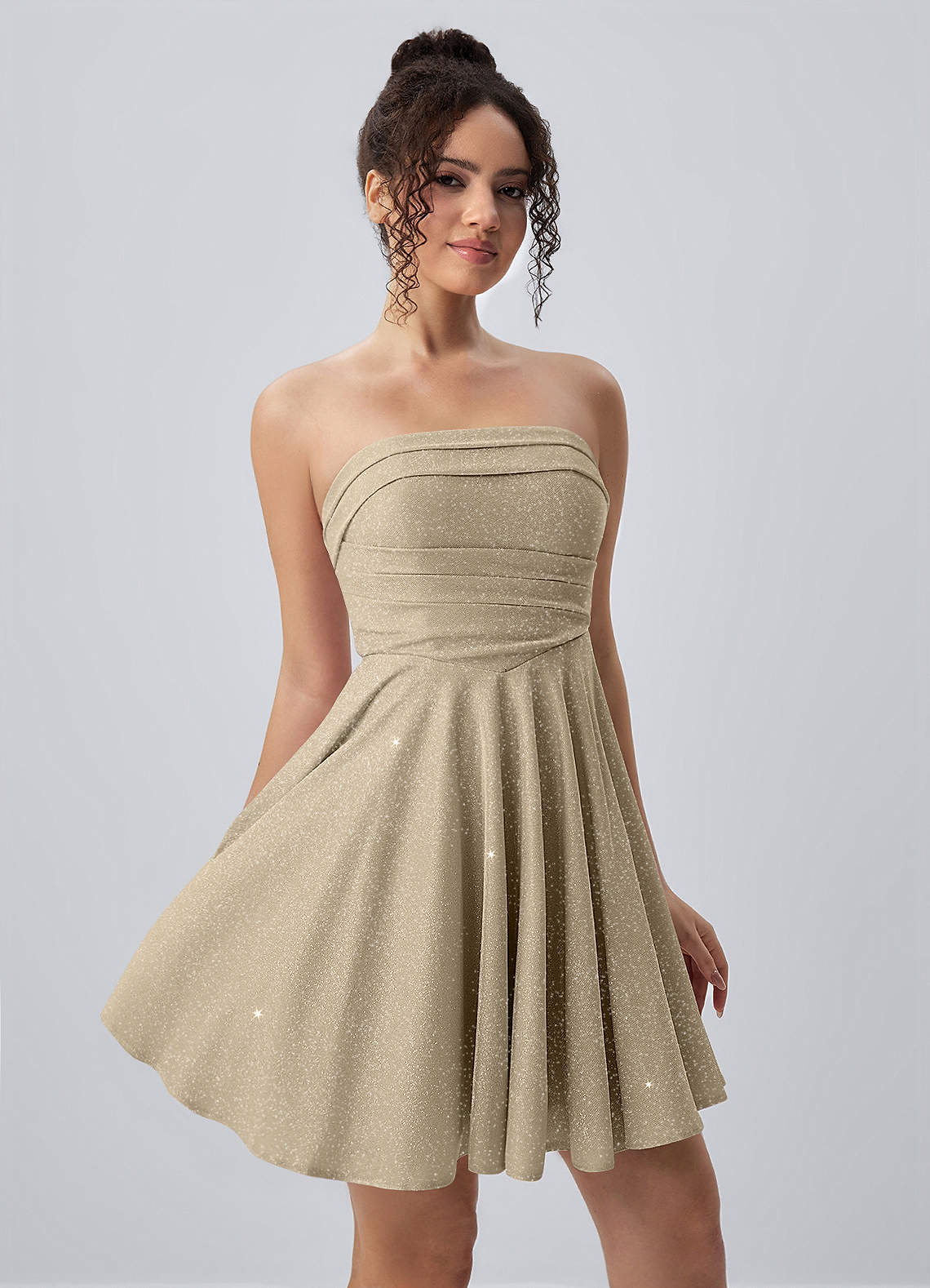 Jacinthe Skater Strapless Glitter Knit Mini Prom Dress in Gold