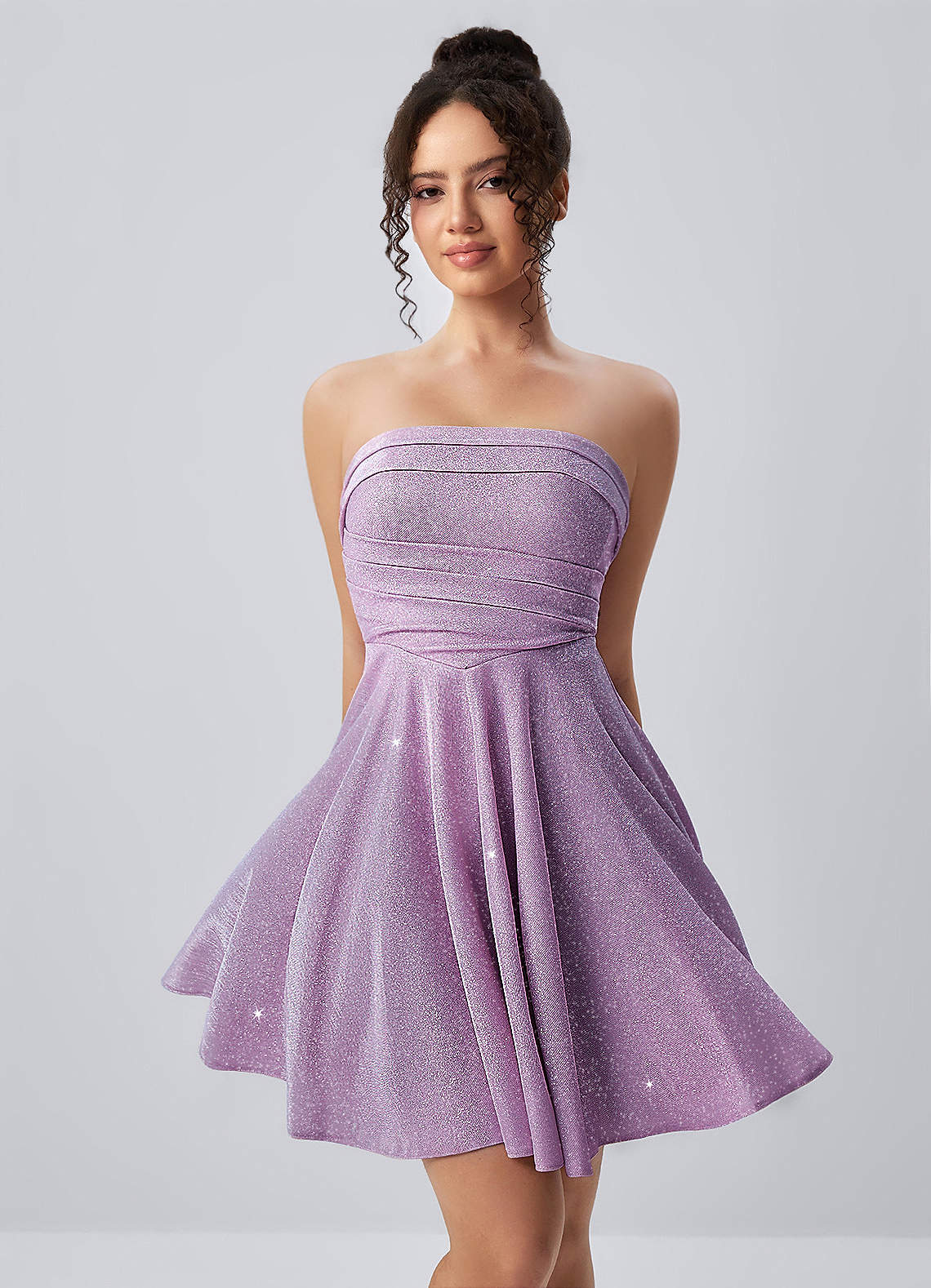 Jacinthe Skater Strapless Glitter Knit Mini Prom Dress in Lilac