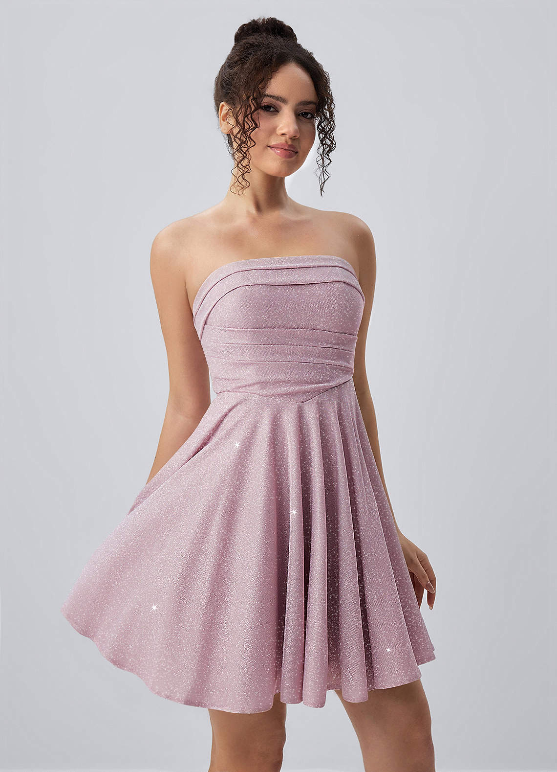 Jacinthe Skater Strapless Glitter Knit Mini Prom Dress in Pink