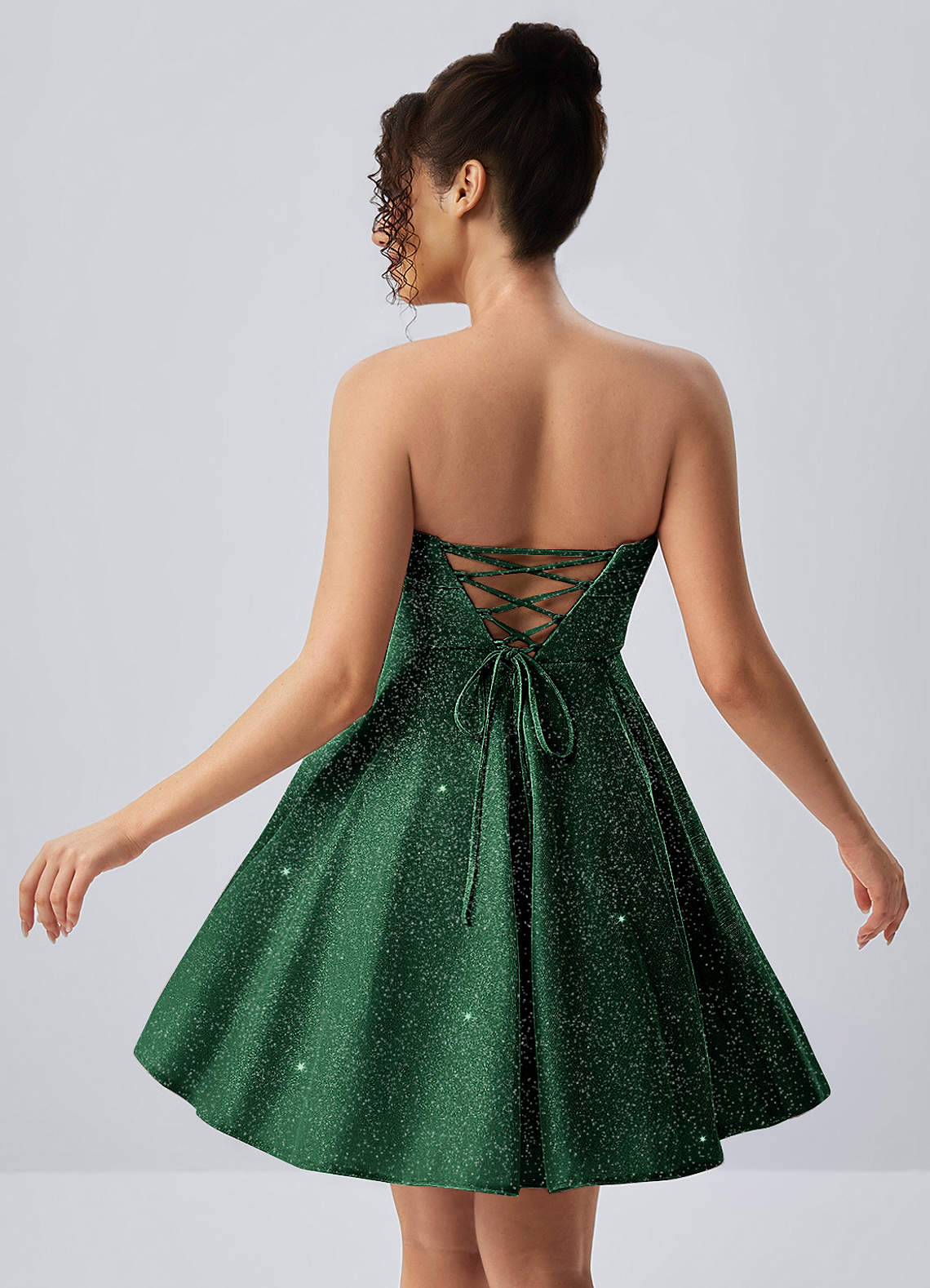 Jacinthe Skater Strapless Glitter Knit Mini Prom Dress in Dusty Green