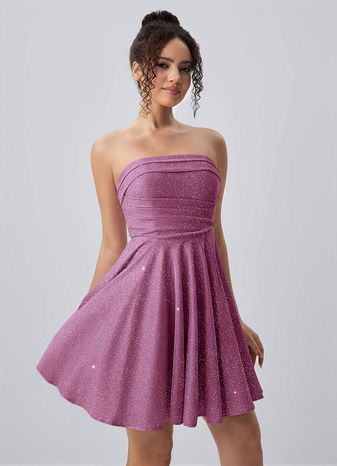 Jacinthe Skater Strapless Glitter Knit Mini Prom Dress in Fuchsia