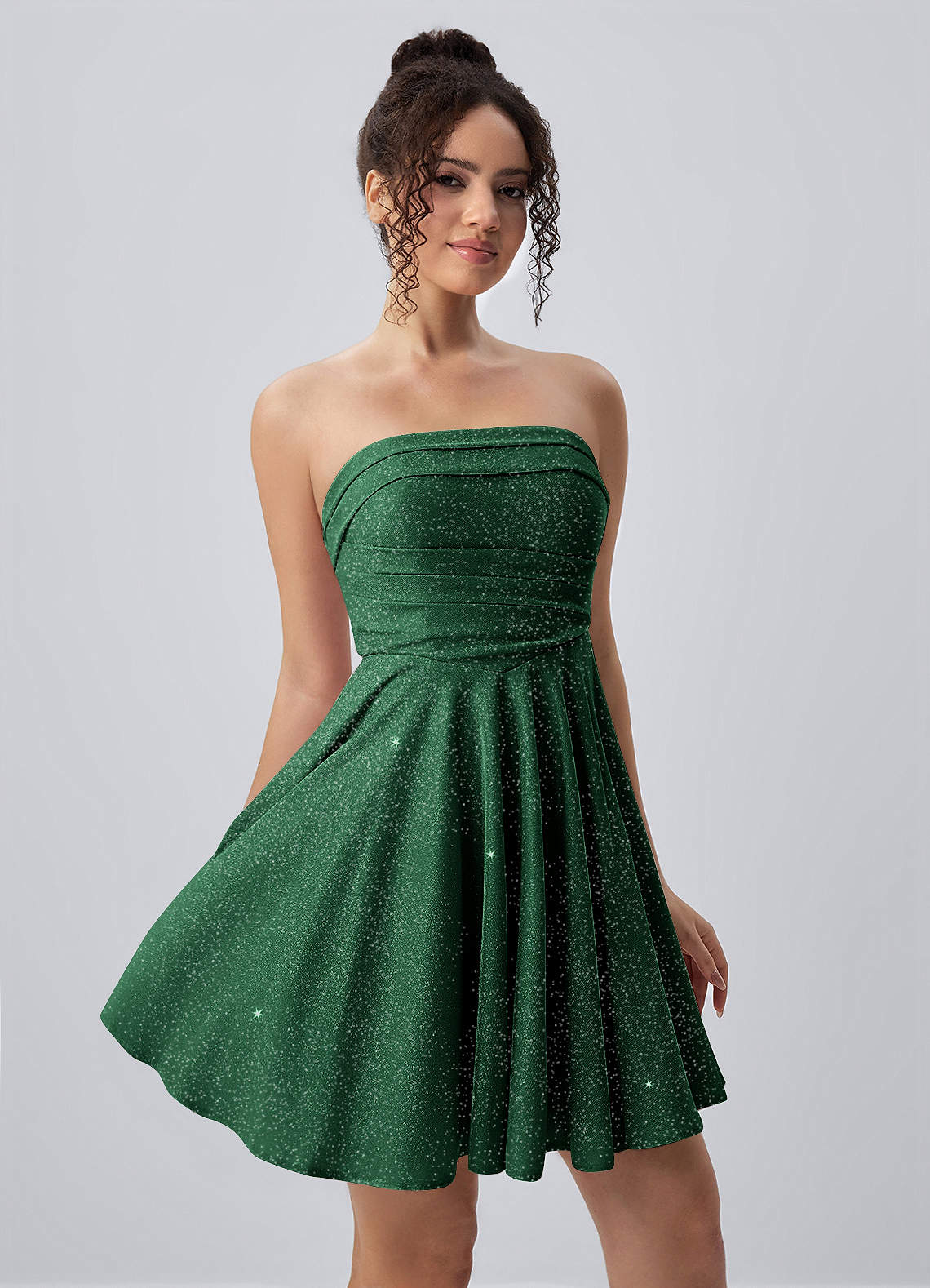 Jacinthe Skater Strapless Glitter Knit Mini Prom Dress in Dusty Green