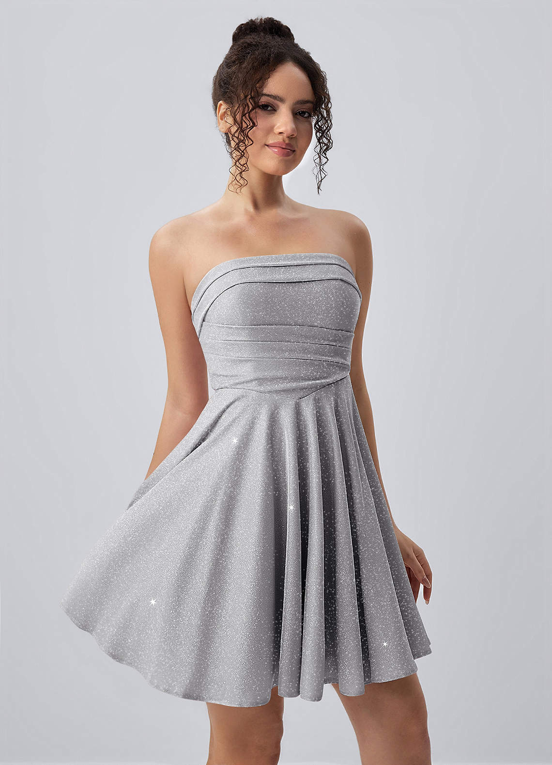 Jacinthe Skater Strapless Glitter Knit Mini Prom Dress in Silver