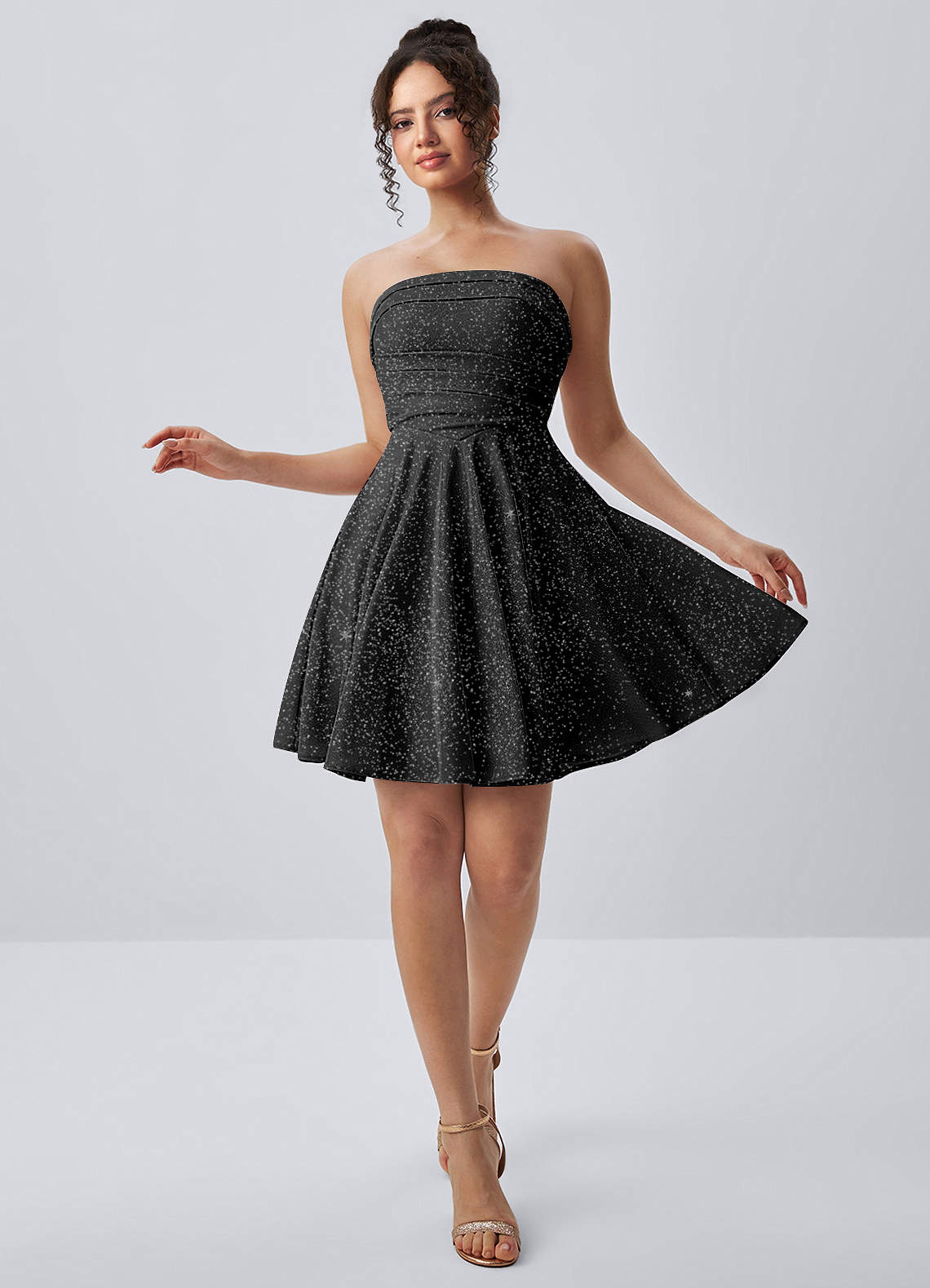 Jacinthe Skater Strapless Glitter Knit Mini Prom Dress in black