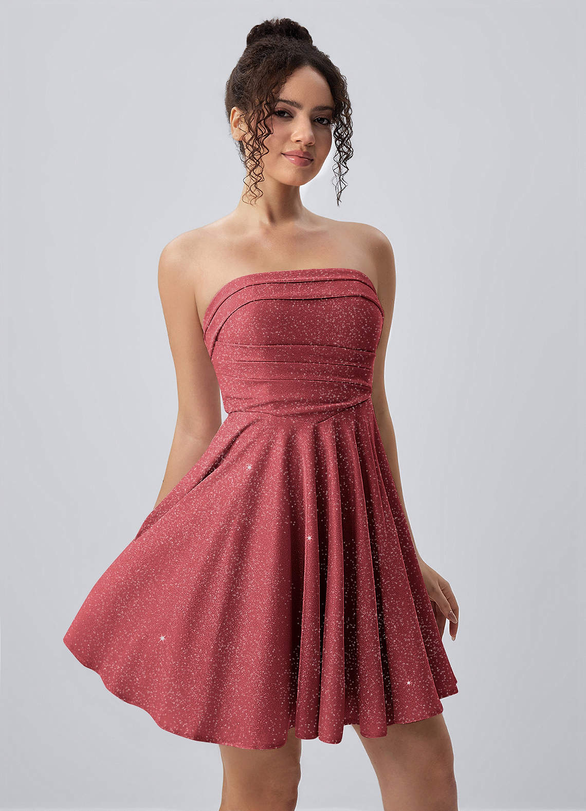 Jacinthe Skater Strapless Glitter Knit Mini Prom Dress in Red