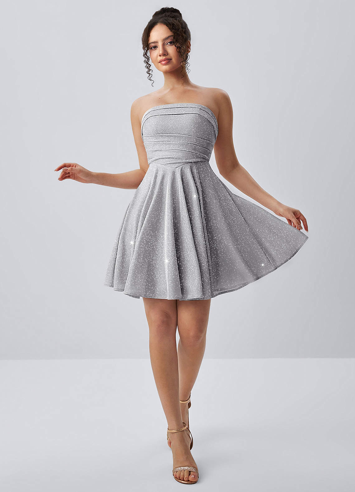 Jacinthe Skater Strapless Glitter Knit Mini Prom Dress in Silver