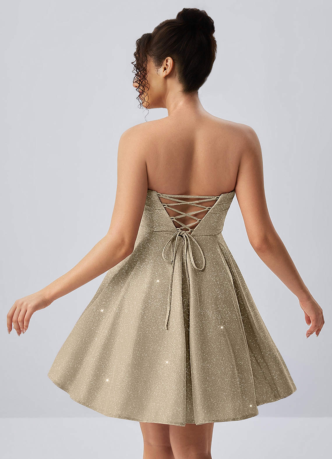 Jacinthe Skater Strapless Glitter Knit Mini Prom Dress in Gold
