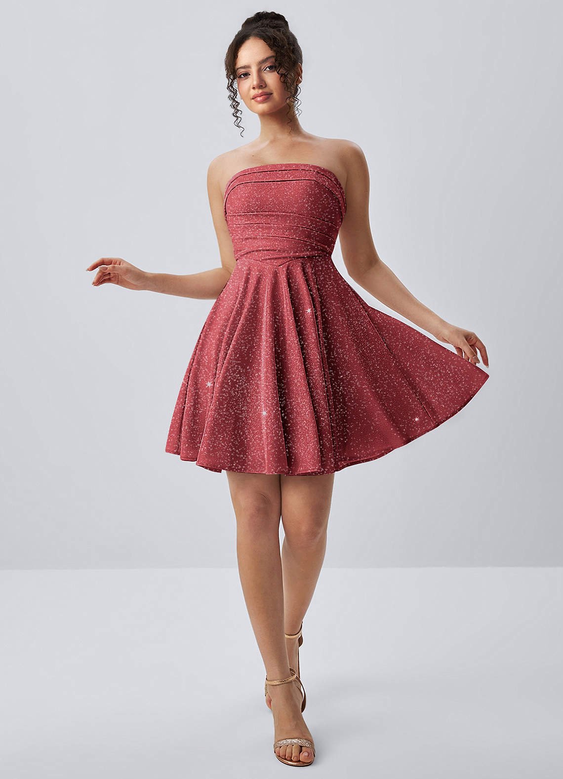 Jacinthe Skater Strapless Glitter Knit Mini Prom Dress in Red