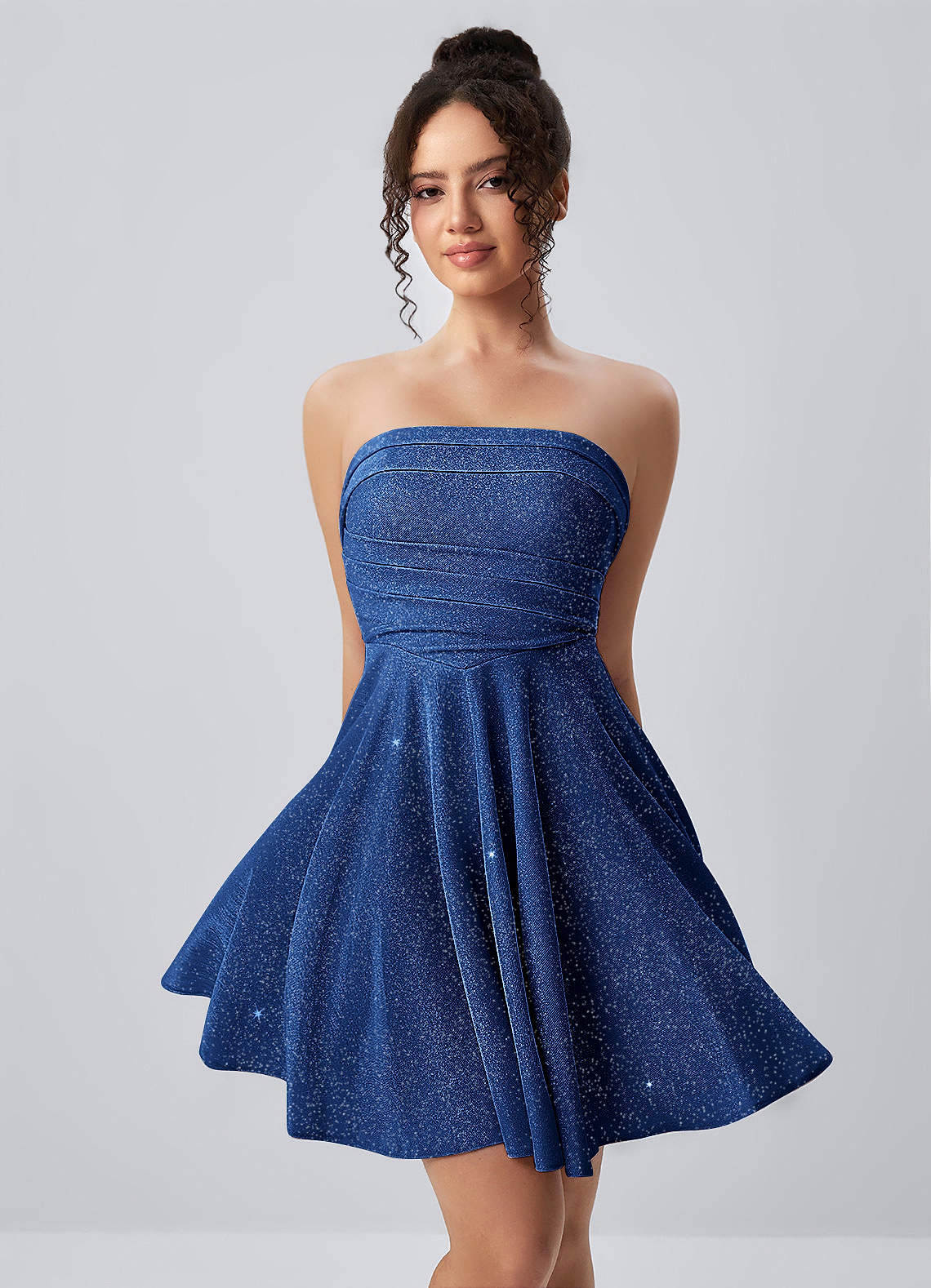Jacinthe Skater Strapless Glitter Knit Mini Prom Dress in Royal Blue