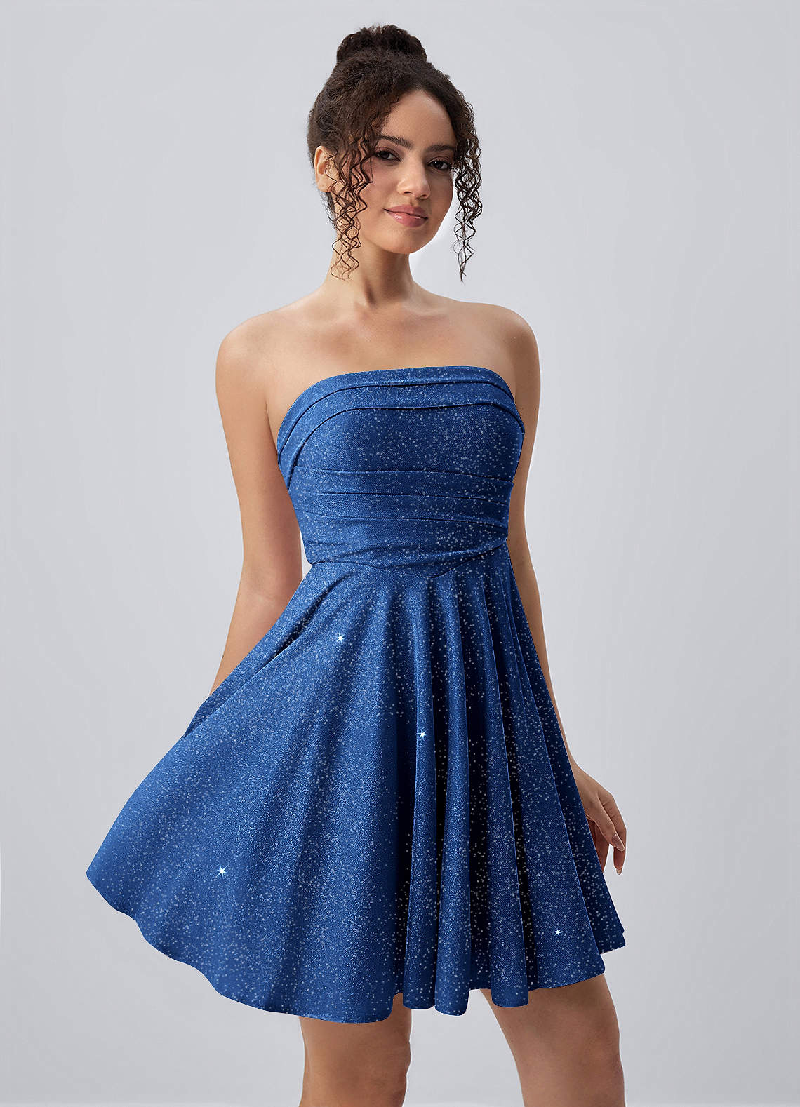 Jacinthe Skater Strapless Glitter Knit Mini Prom Dress in Royal Blue