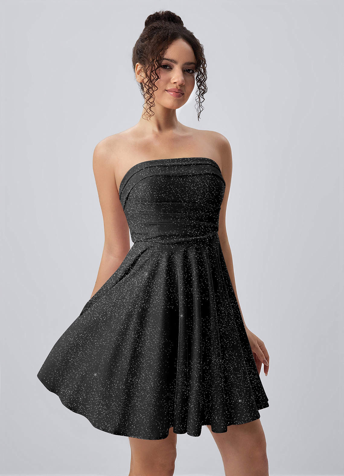 Jacinthe Skater Strapless Glitter Knit Mini Prom Dress in black
