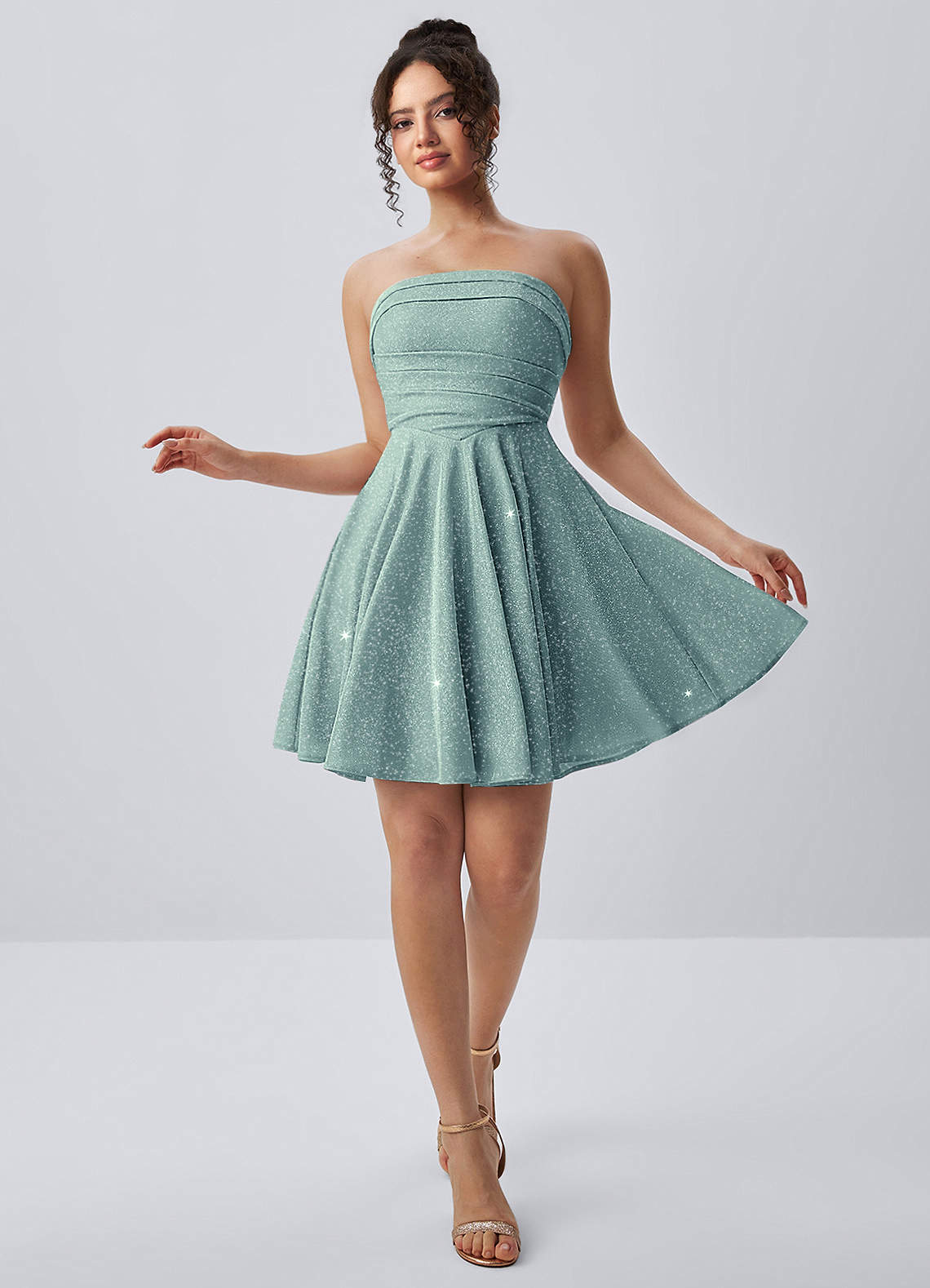 Jacinthe Skater Strapless Glitter Knit Mini Prom Dress in Light Green
