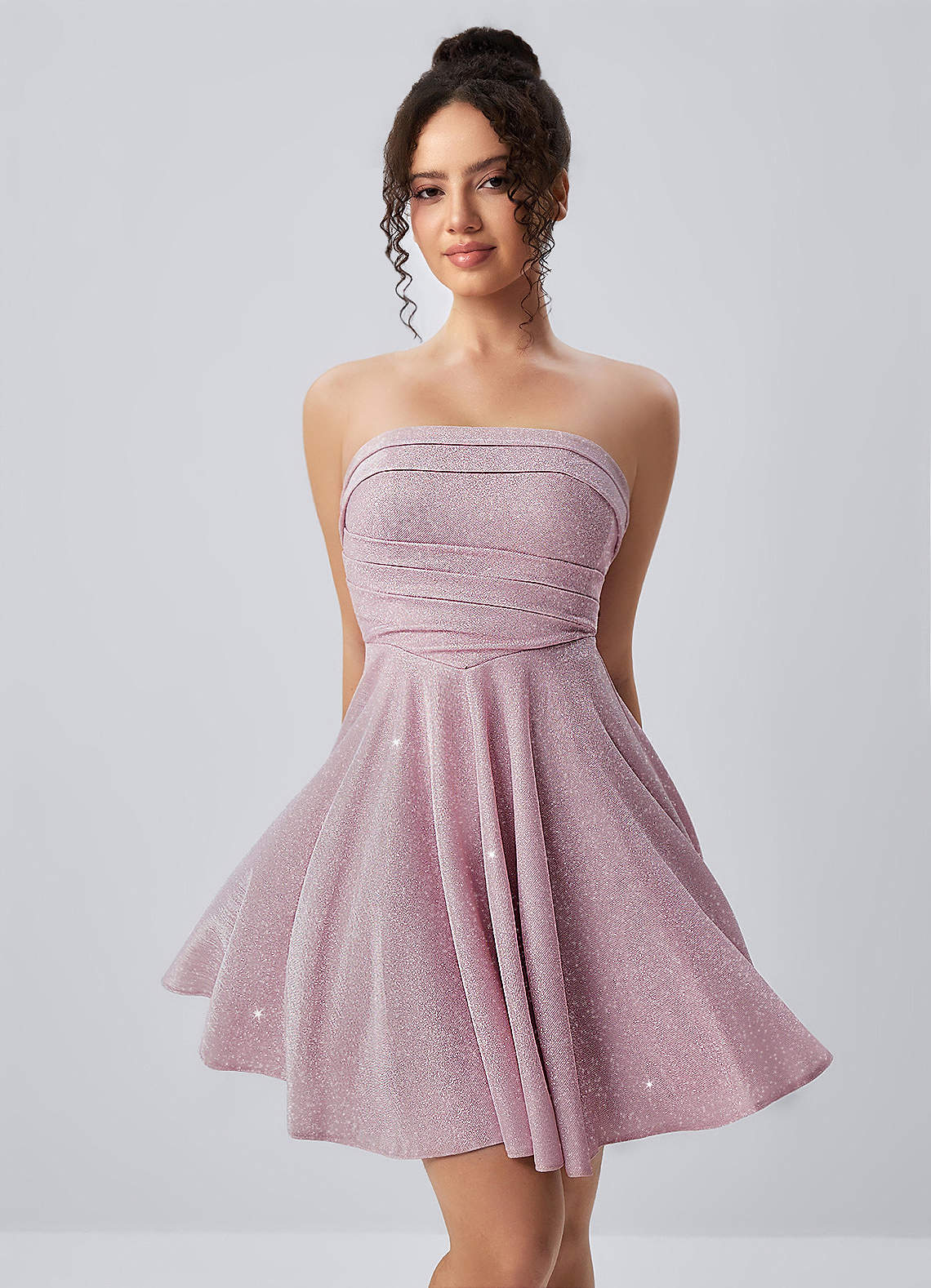 Jacinthe Skater Strapless Glitter Knit Mini Prom Dress in Pink