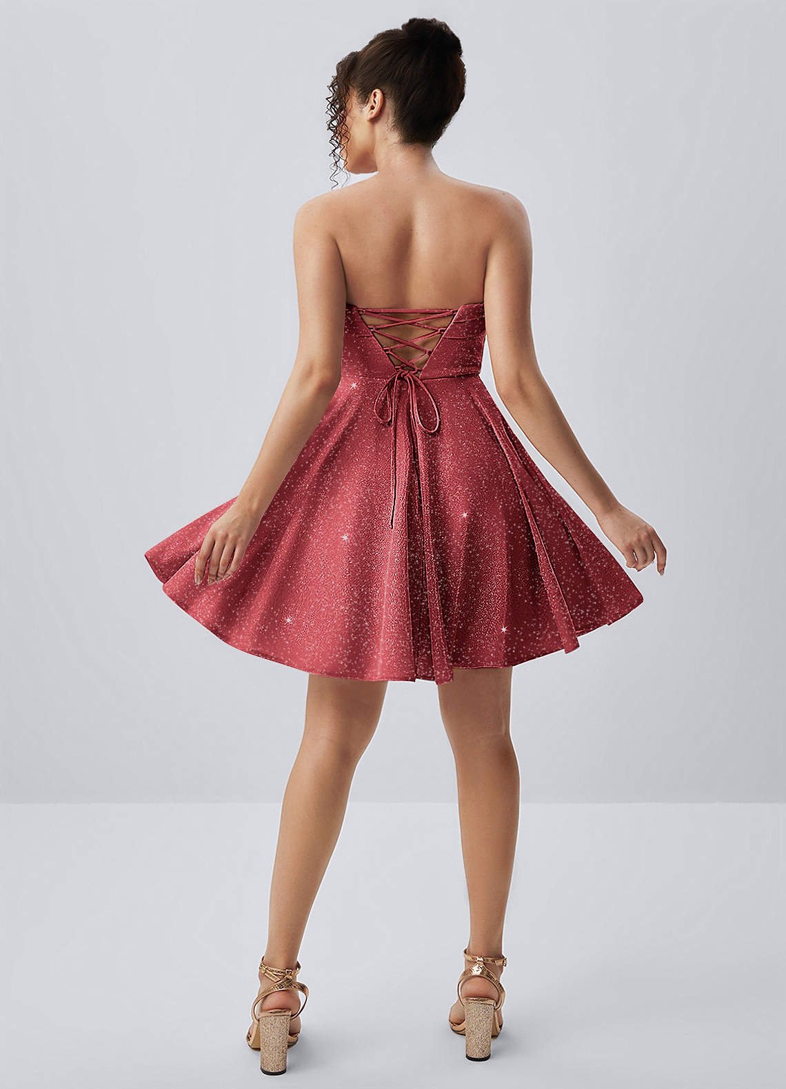 Jacinthe Skater Strapless Glitter Knit Mini Prom Dress in Red